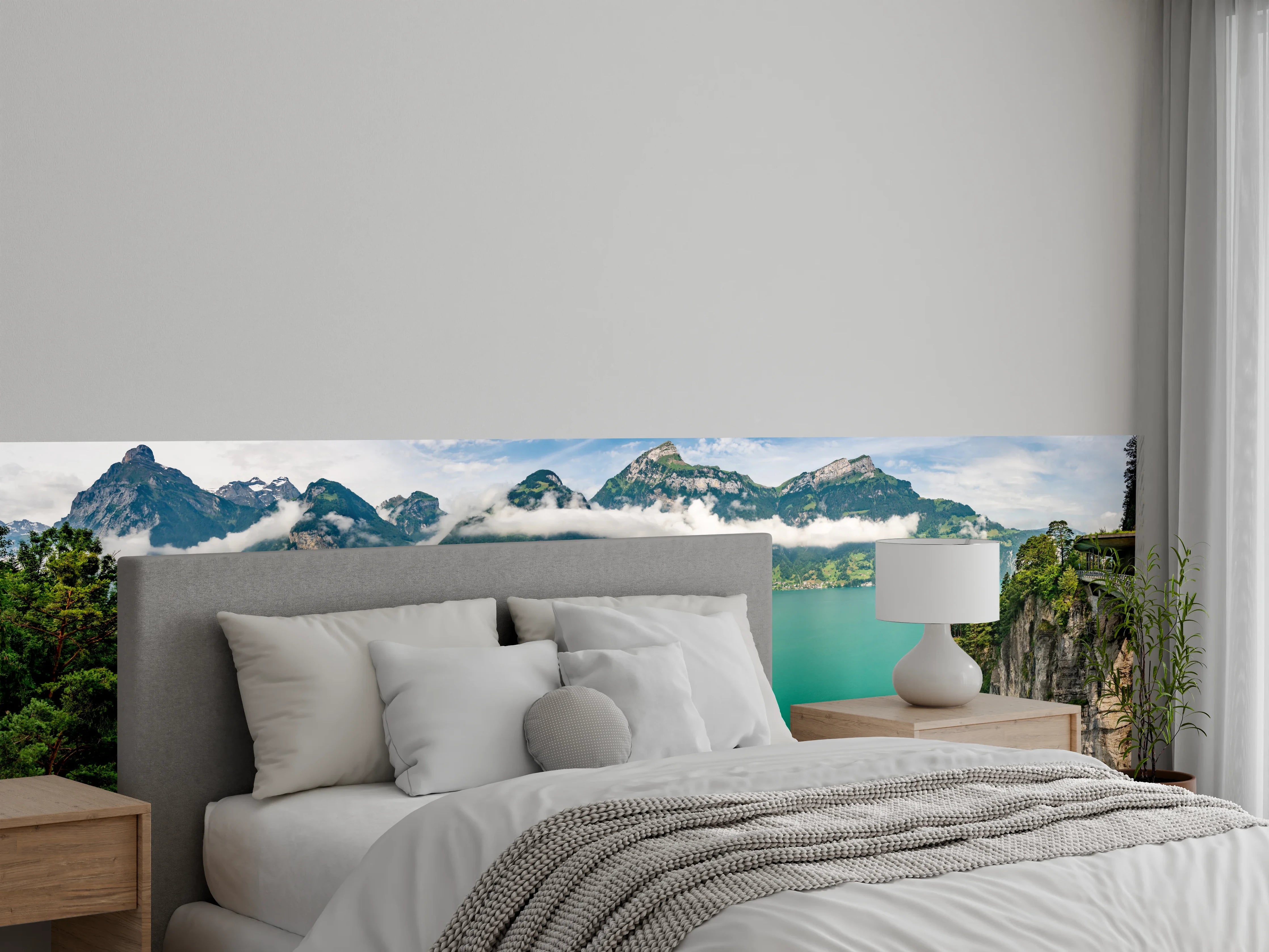 Wandverkleidung Schlafzimmer - Panoramablick: Türkiser See und Berge