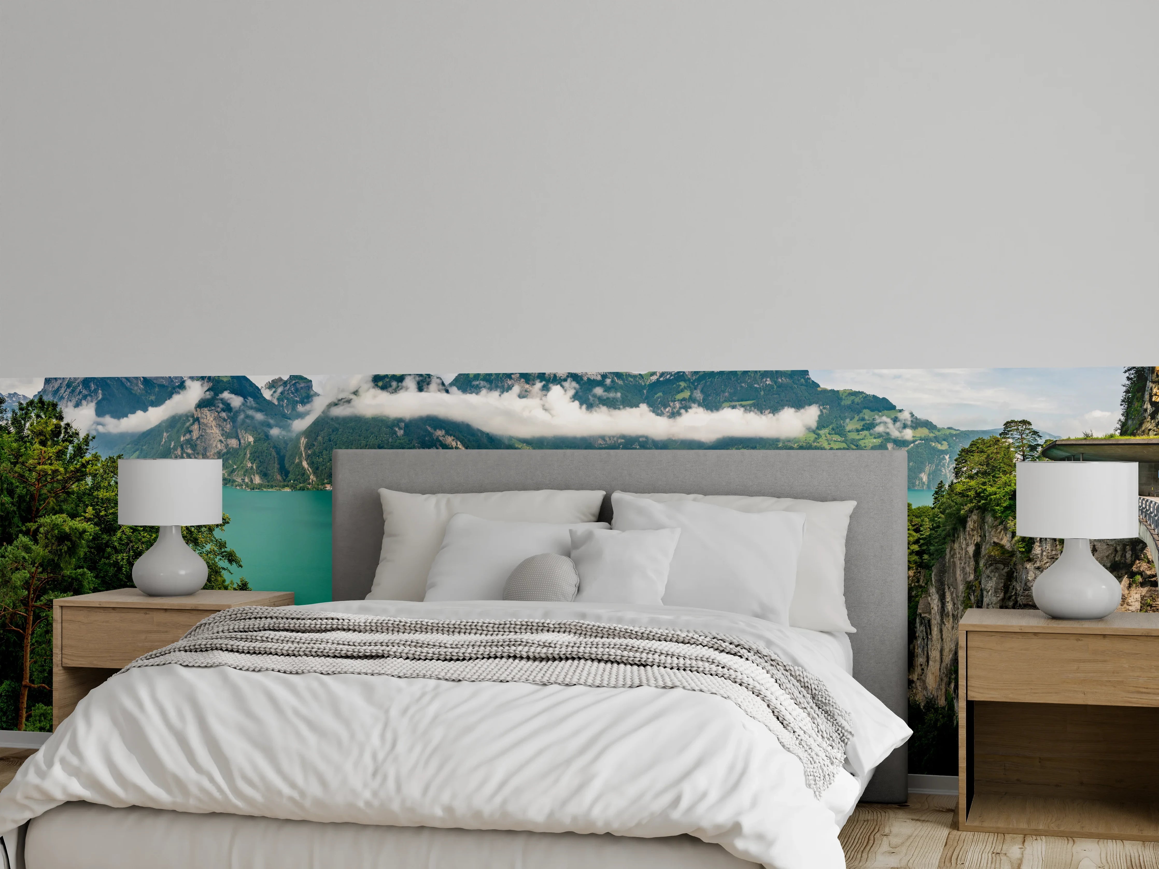 Wandverkleidung Schlafzimmer - Panoramablick: Türkiser See und Berge