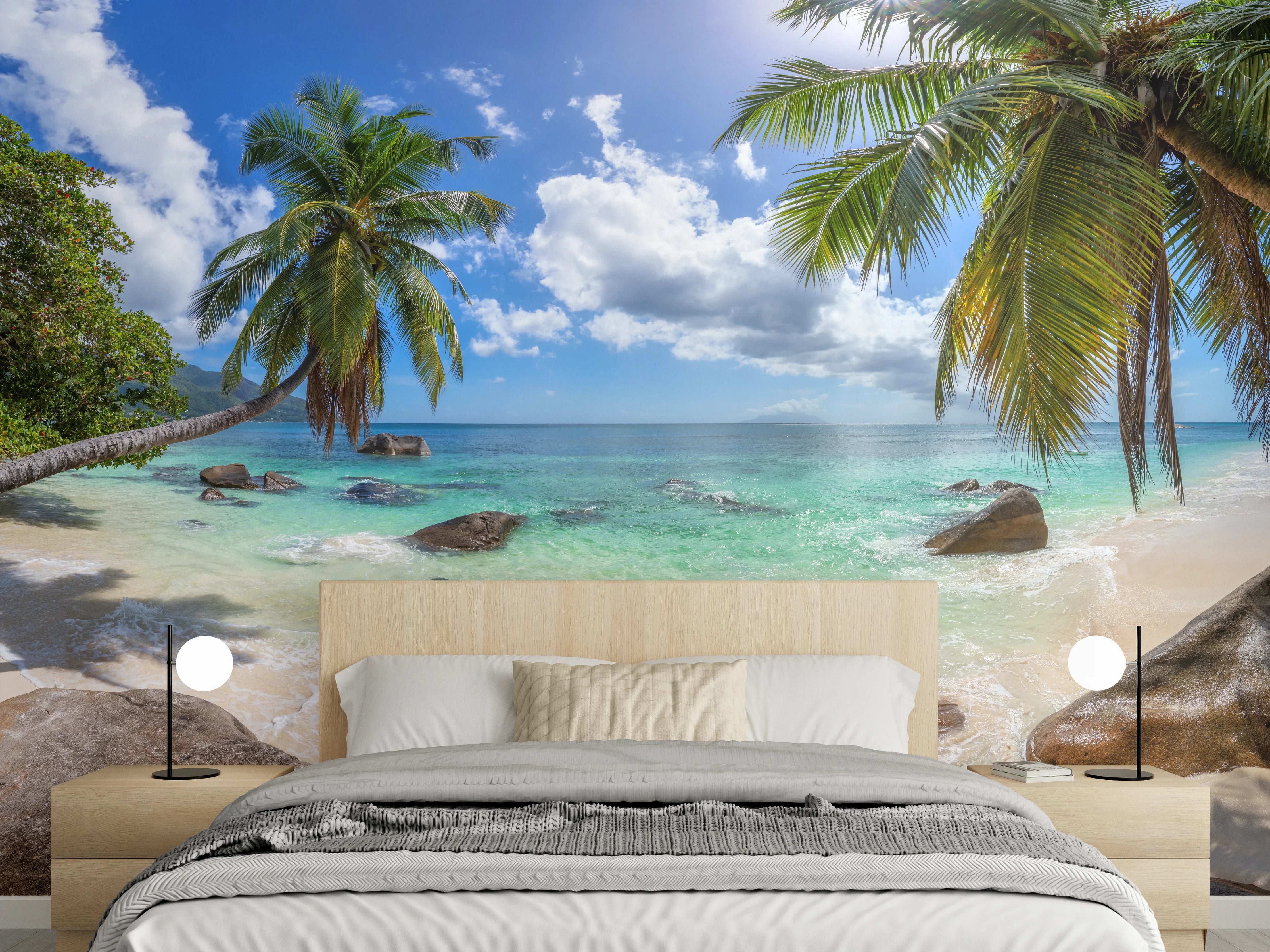Wandverkleidung Schlafzimmer - Paradiesischer Palmenstrand mit türkisblauem Meer