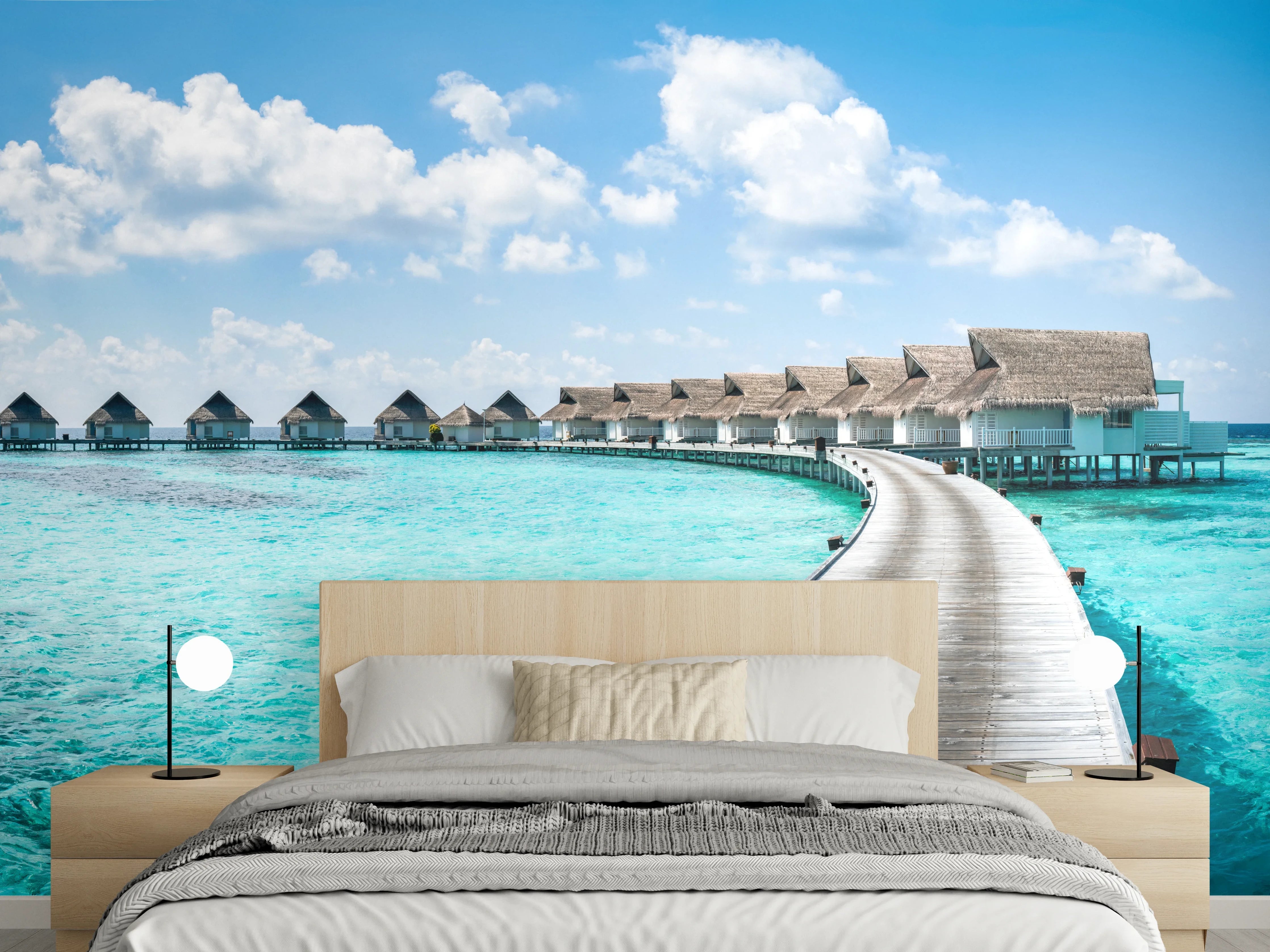Wandverkleidung Schlafzimmer - Paradiesischer Steg über türkisblaues Wasser