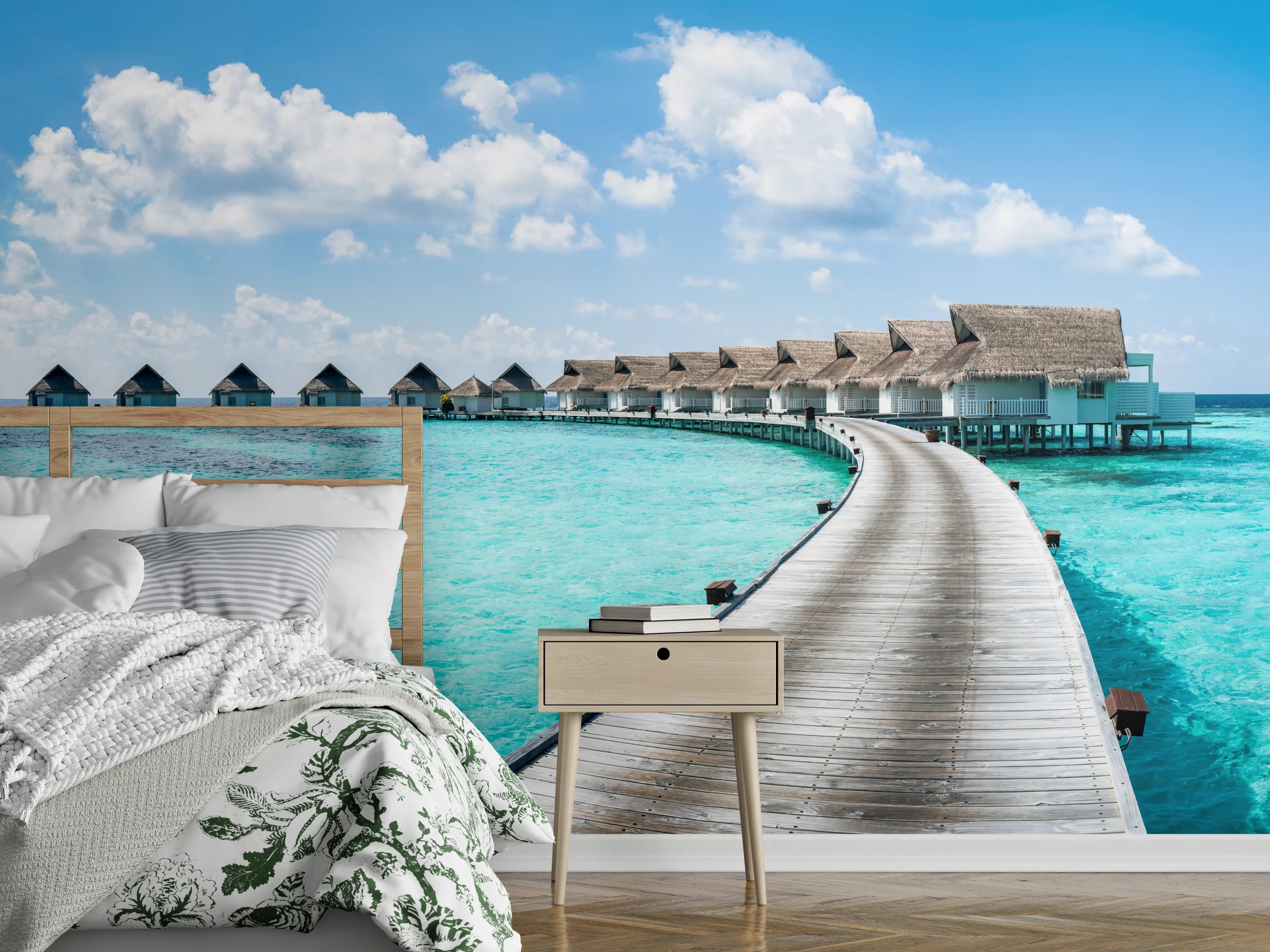 Wandverkleidung Schlafzimmer - Paradiesischer Steg über türkisblaues Wasser