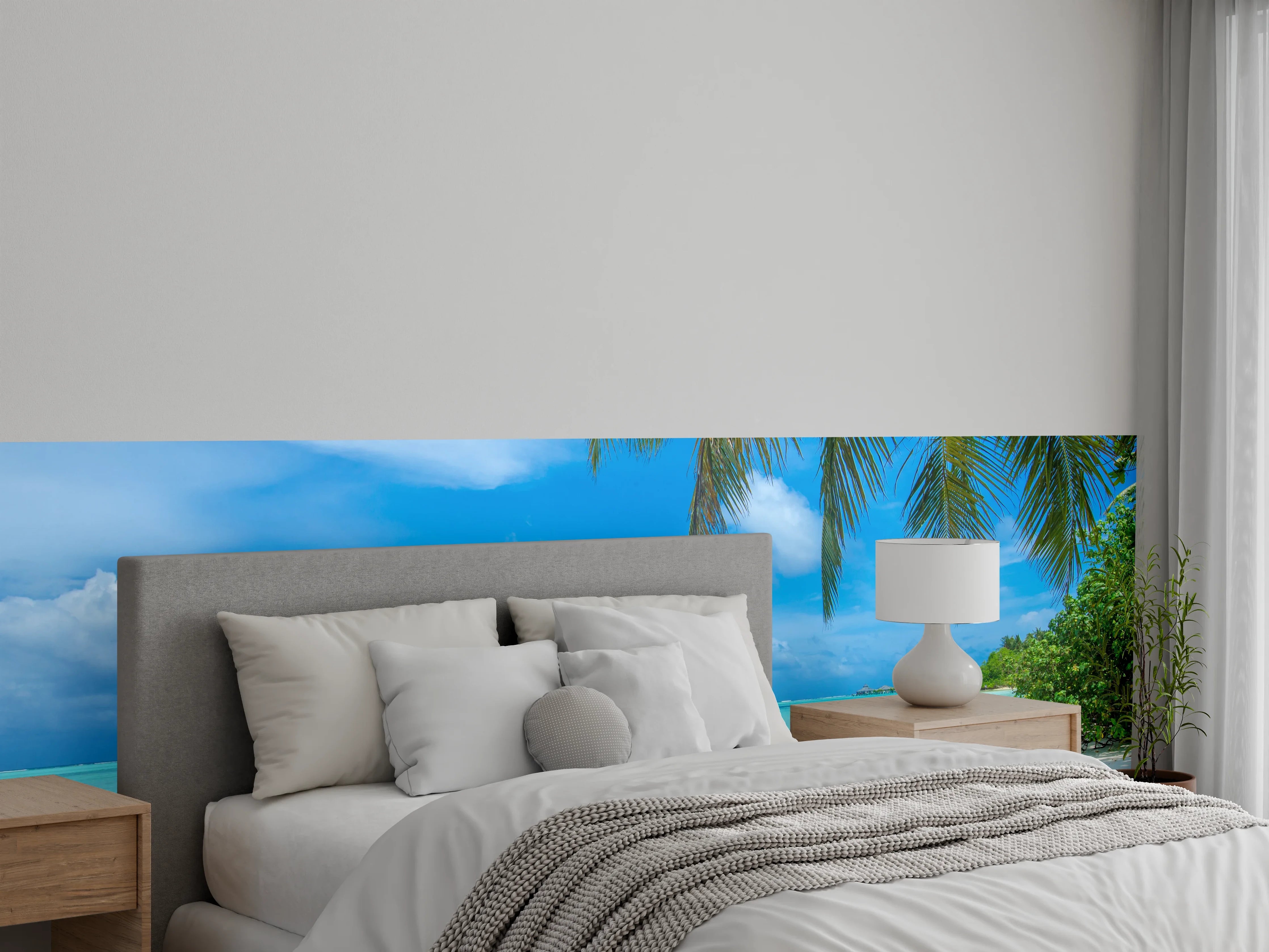 Wandverkleidung Schlafzimmer - Paradiesisches Insel-Strandmotiv türkisblau