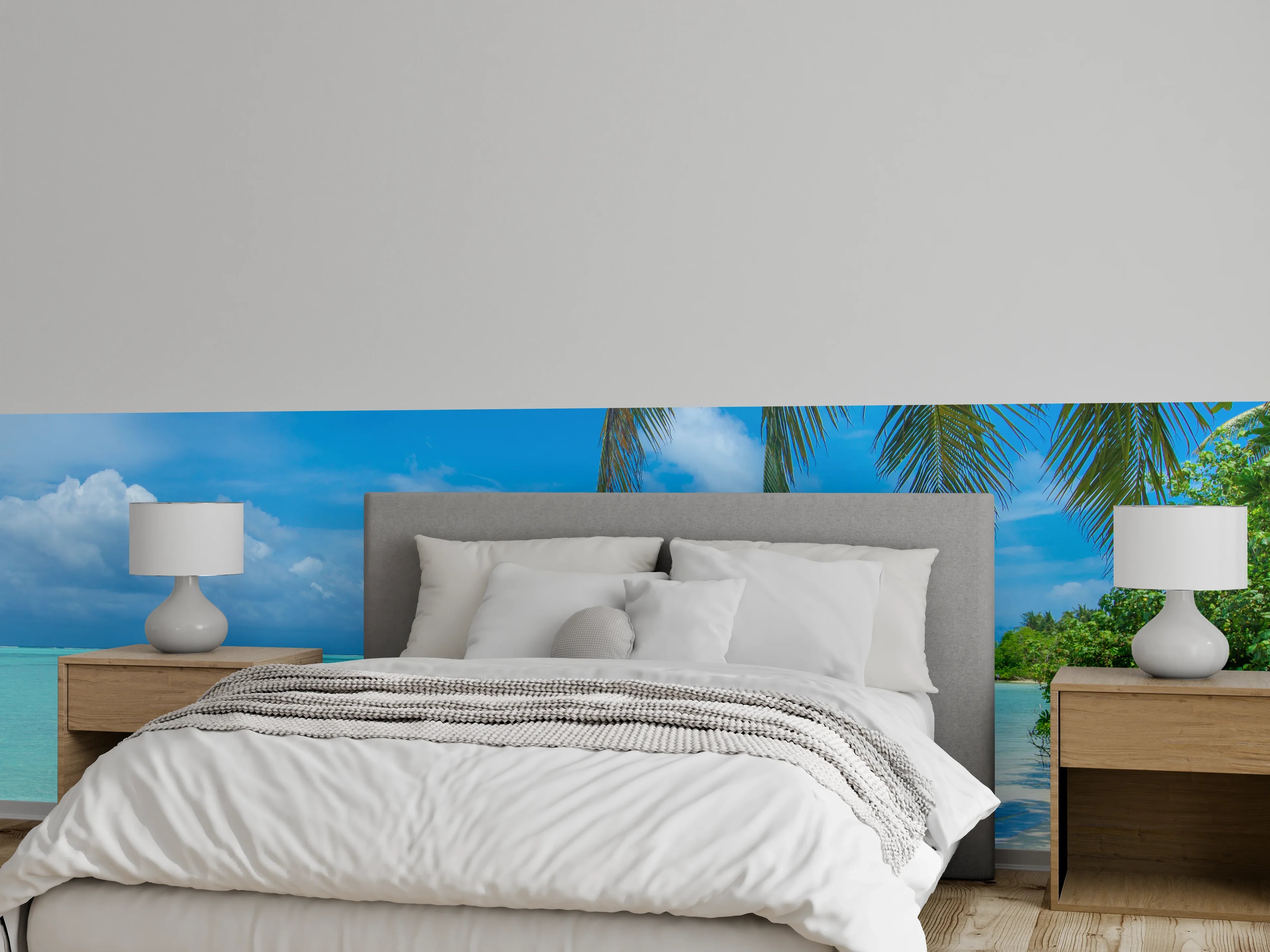 Wandverkleidung Schlafzimmer - Paradiesisches Insel-Strandmotiv türkisblau