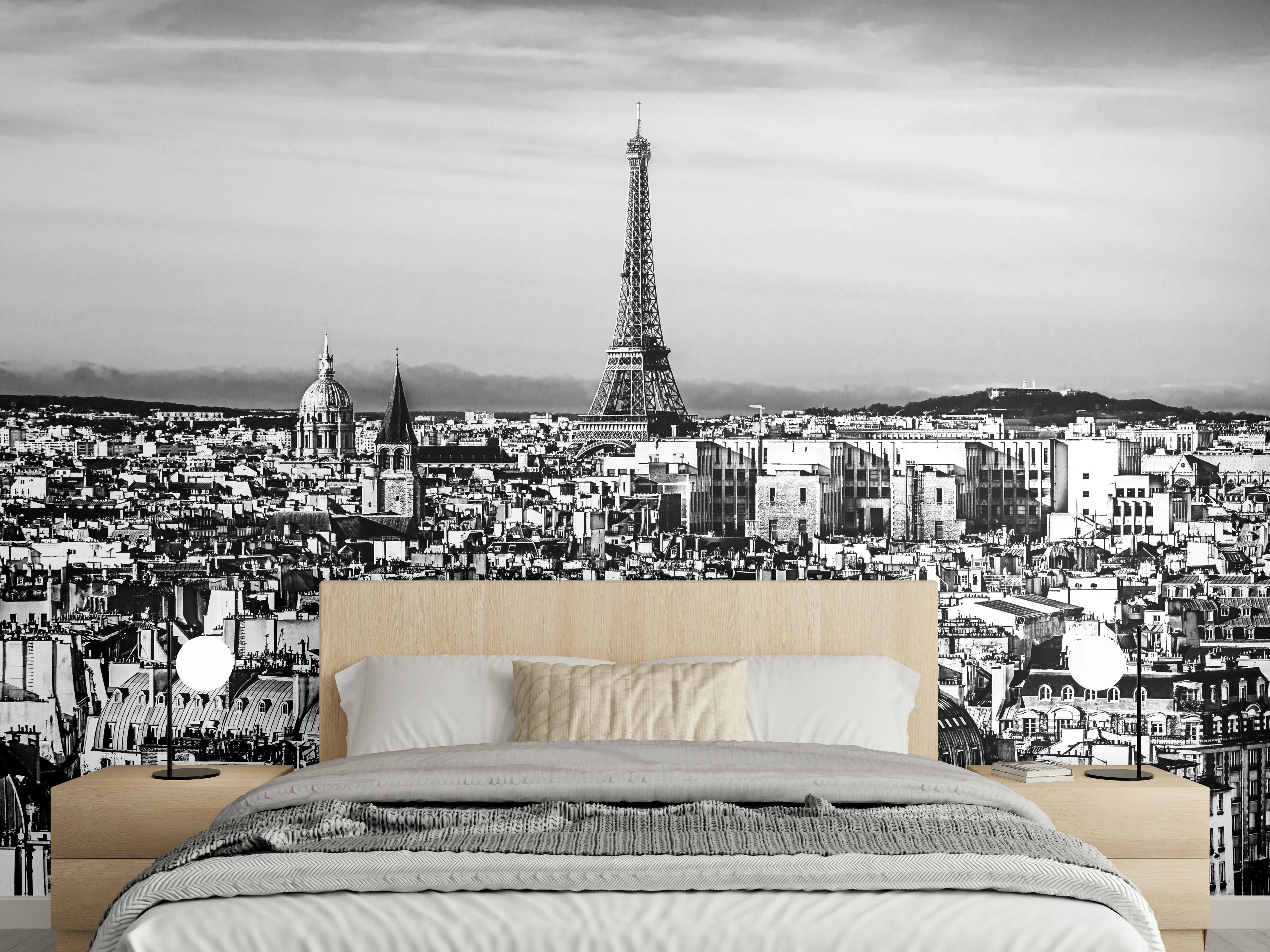 Wandverkleidung Schlafzimmer - Paris Skyline: Eiffelturm Schwarz-Weiß
