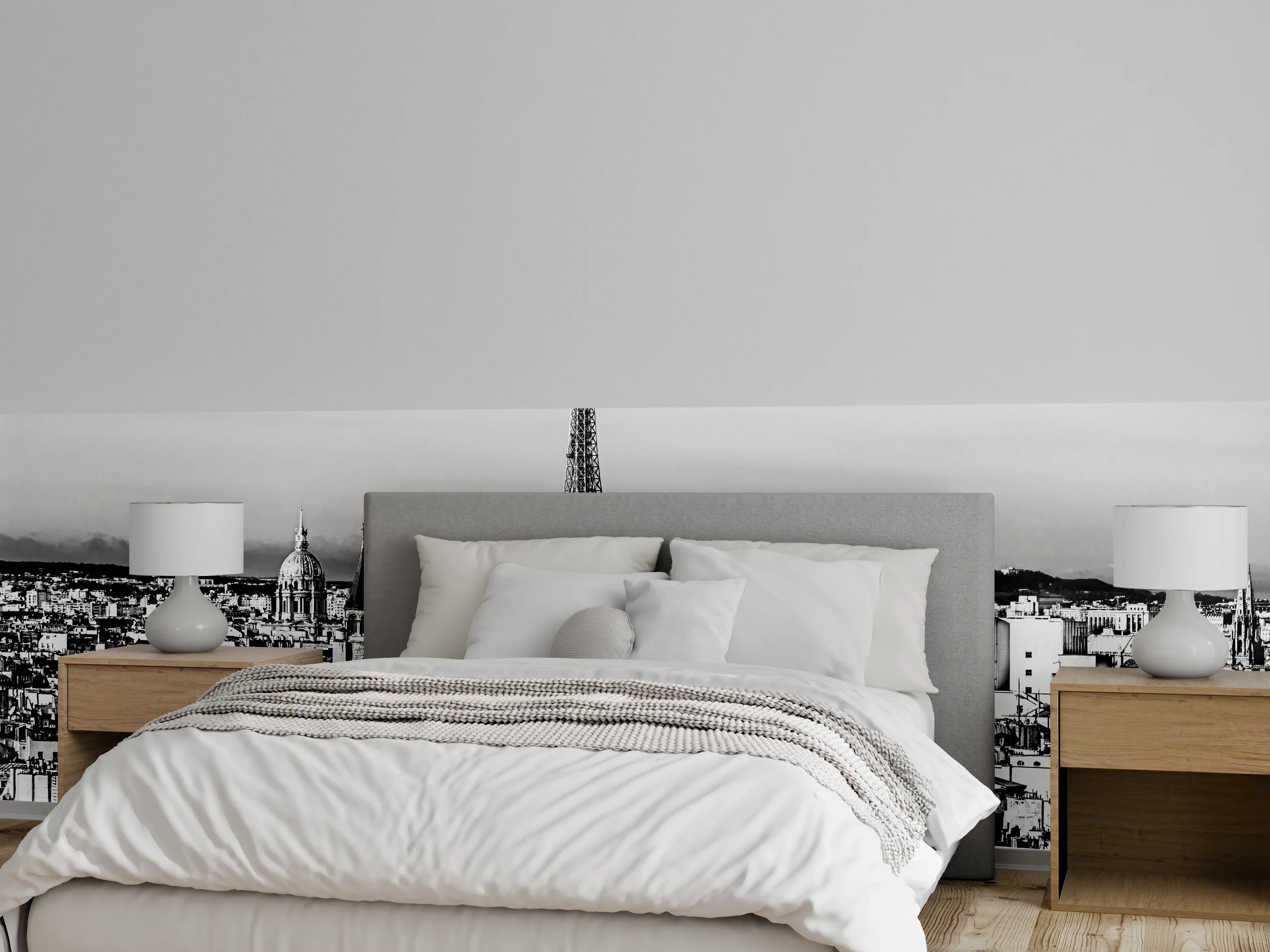 Wandverkleidung Schlafzimmer - Paris Skyline: Eiffelturm Schwarz-Weiß