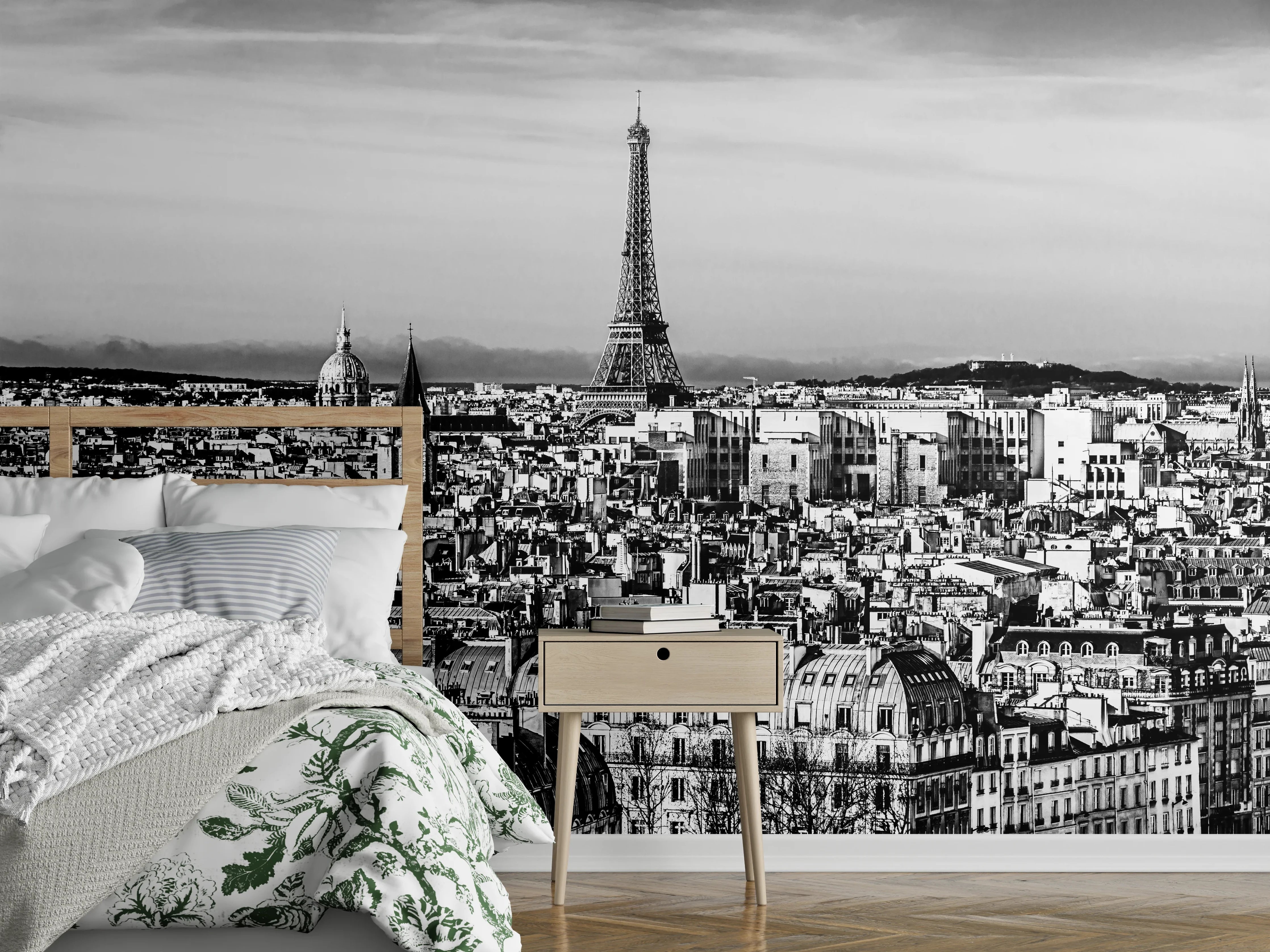 Wandverkleidung Schlafzimmer - Paris Skyline: Eiffelturm Schwarz-Weiß