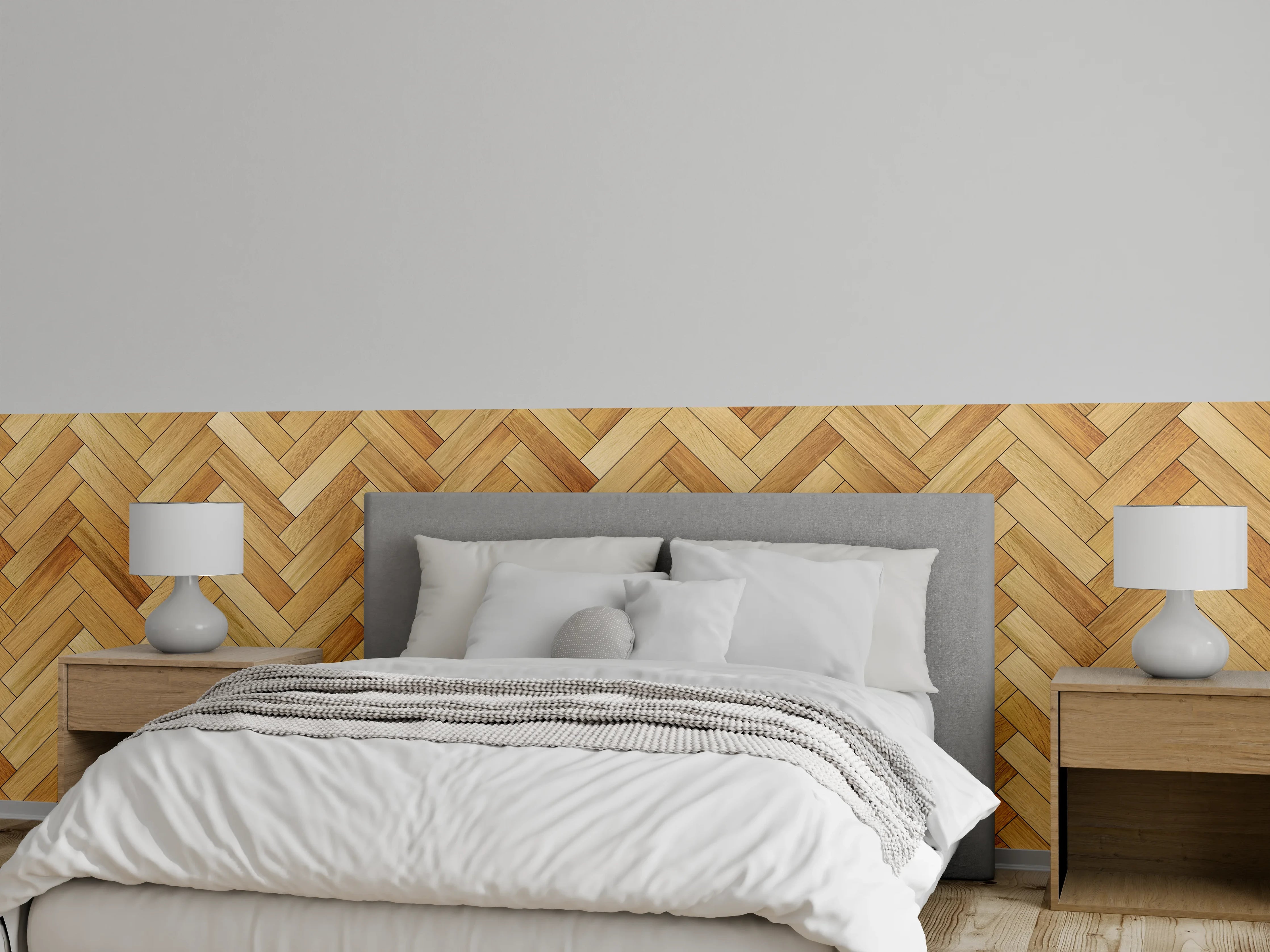 Wandverkleidung Schlafzimmer - Parkett Fischgrät Holzstruktur Muster