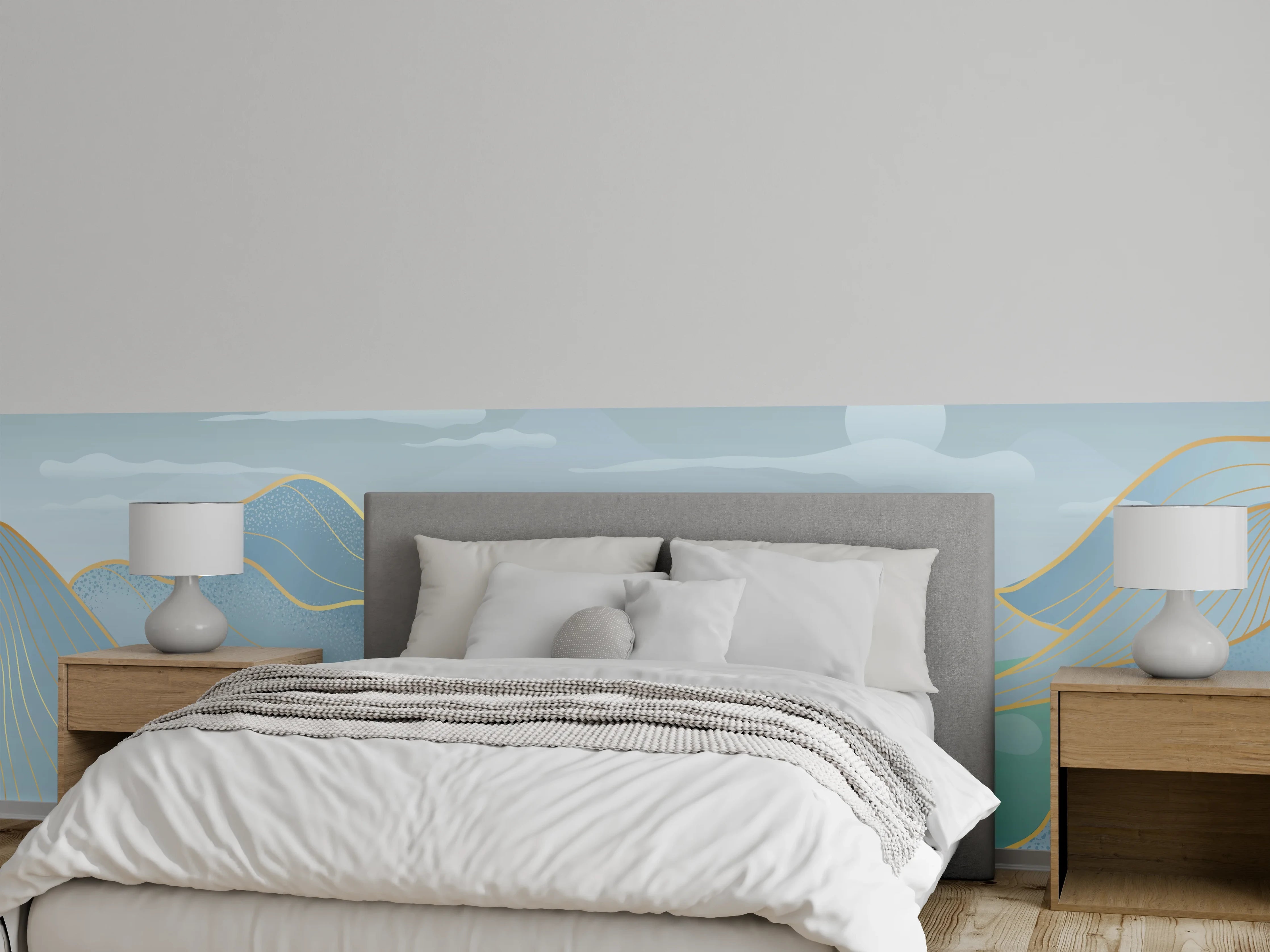 Wandverkleidung Schlafzimmer - Pastell Berge und See Panorama