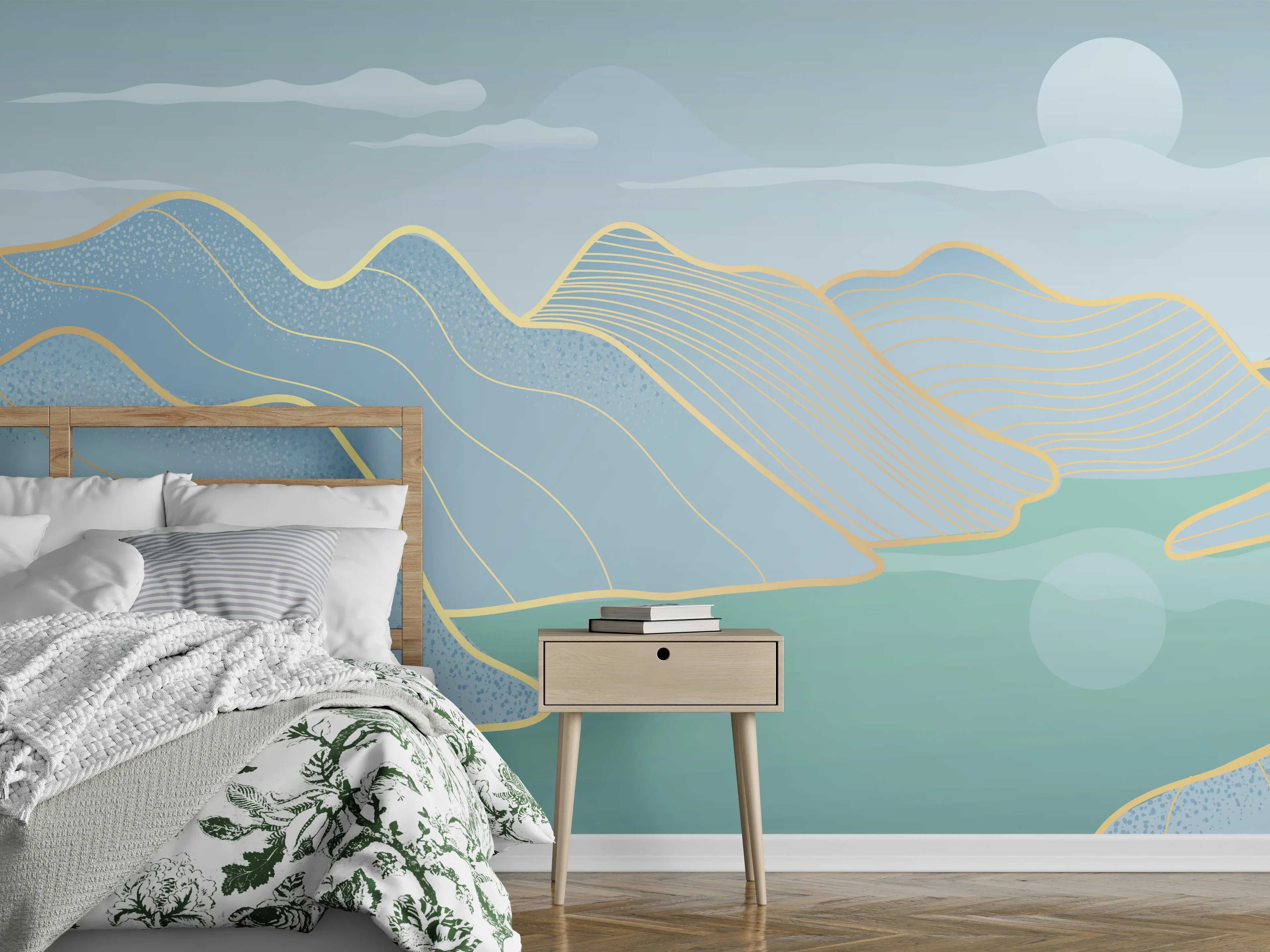 Wandverkleidung Schlafzimmer - Pastell Berge und See Panorama