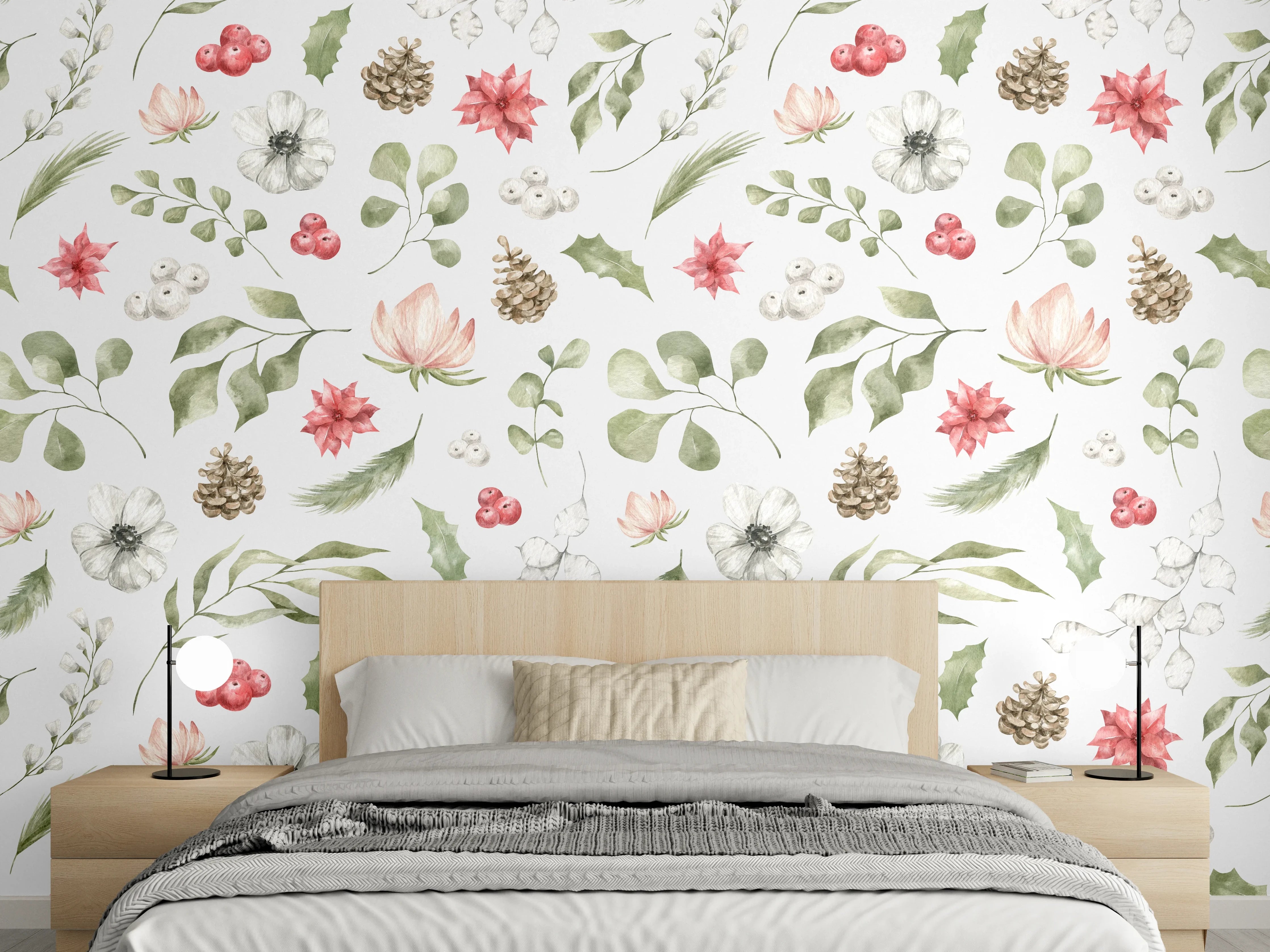 Wandverkleidung Schlafzimmer - Pastell Blumenmuster Weiß-Grün-Rosa