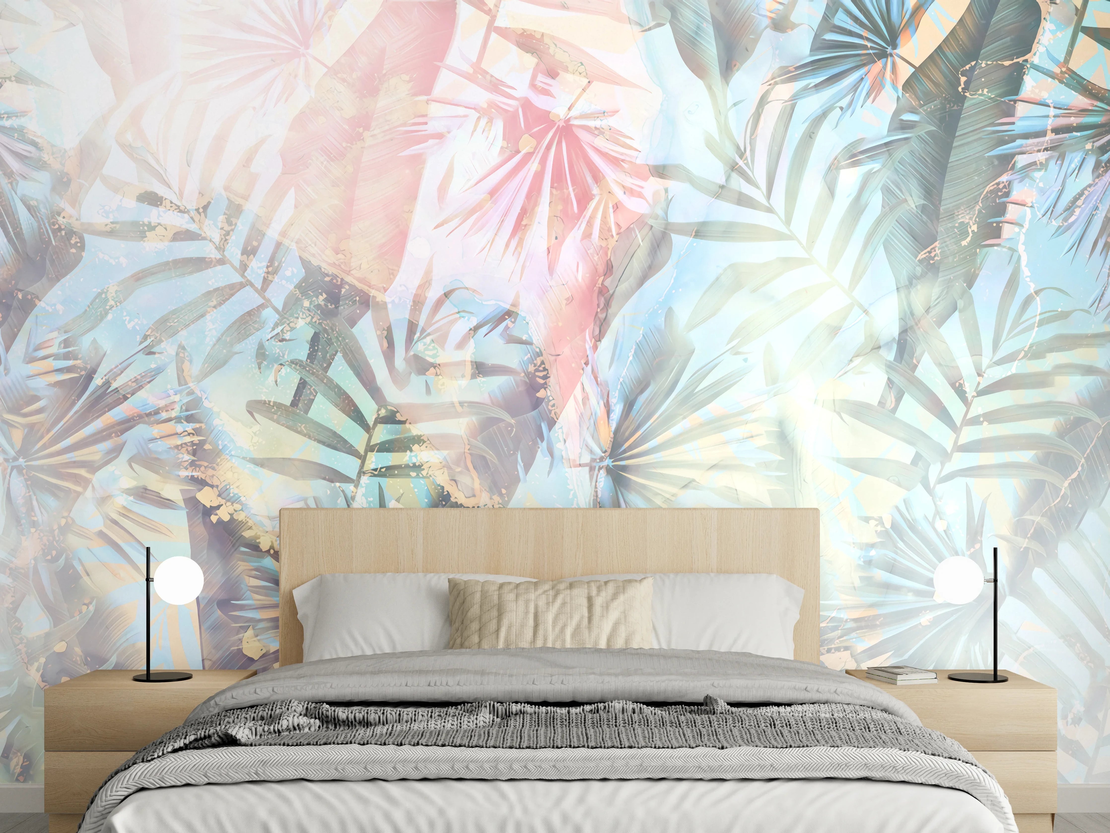 Wandverkleidung Schlafzimmer - Pastell Dschungel Palmen Blatt Muster