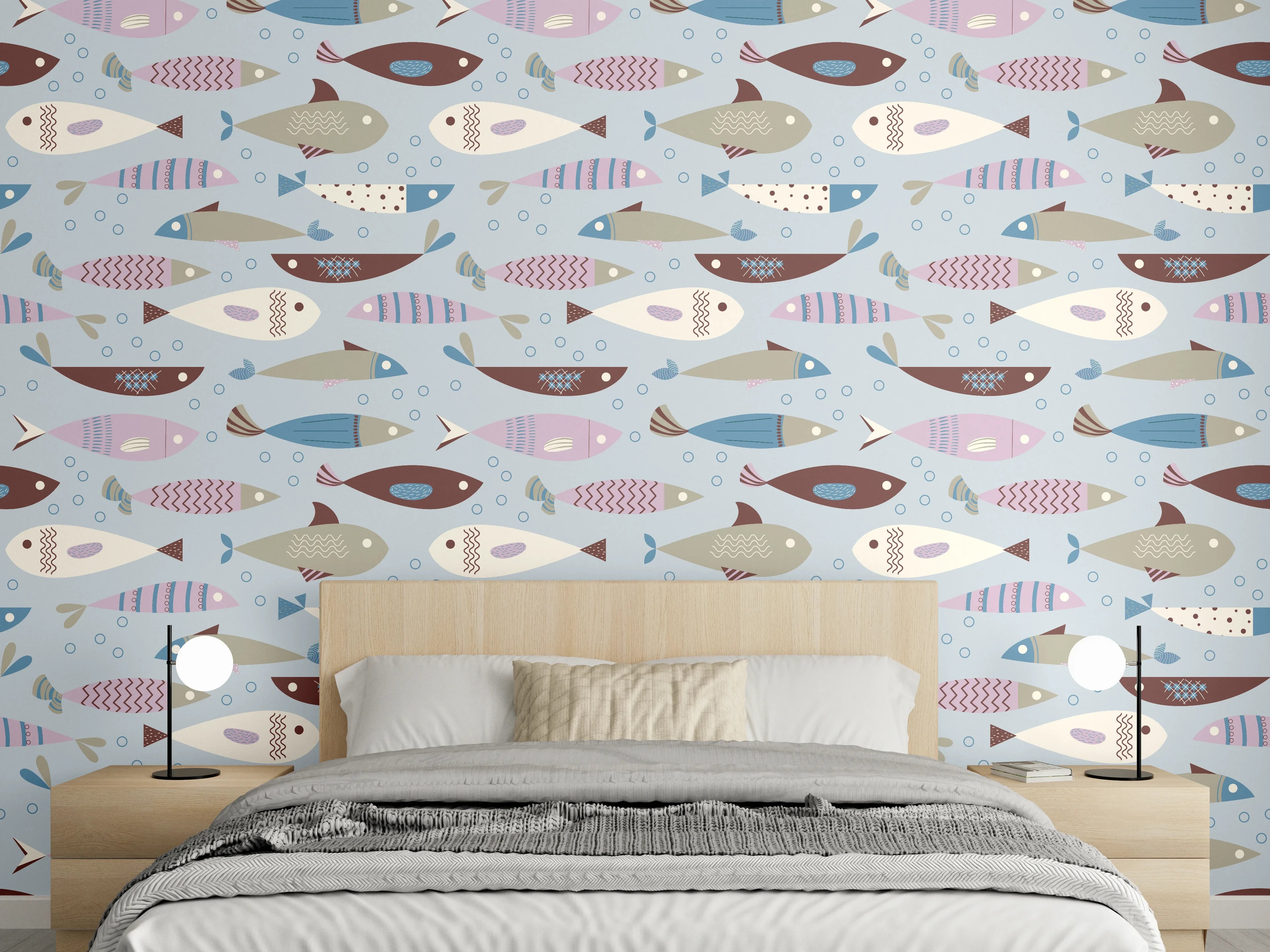 Wandverkleidung Schlafzimmer - Pastell-Fischmuster Blau Beige