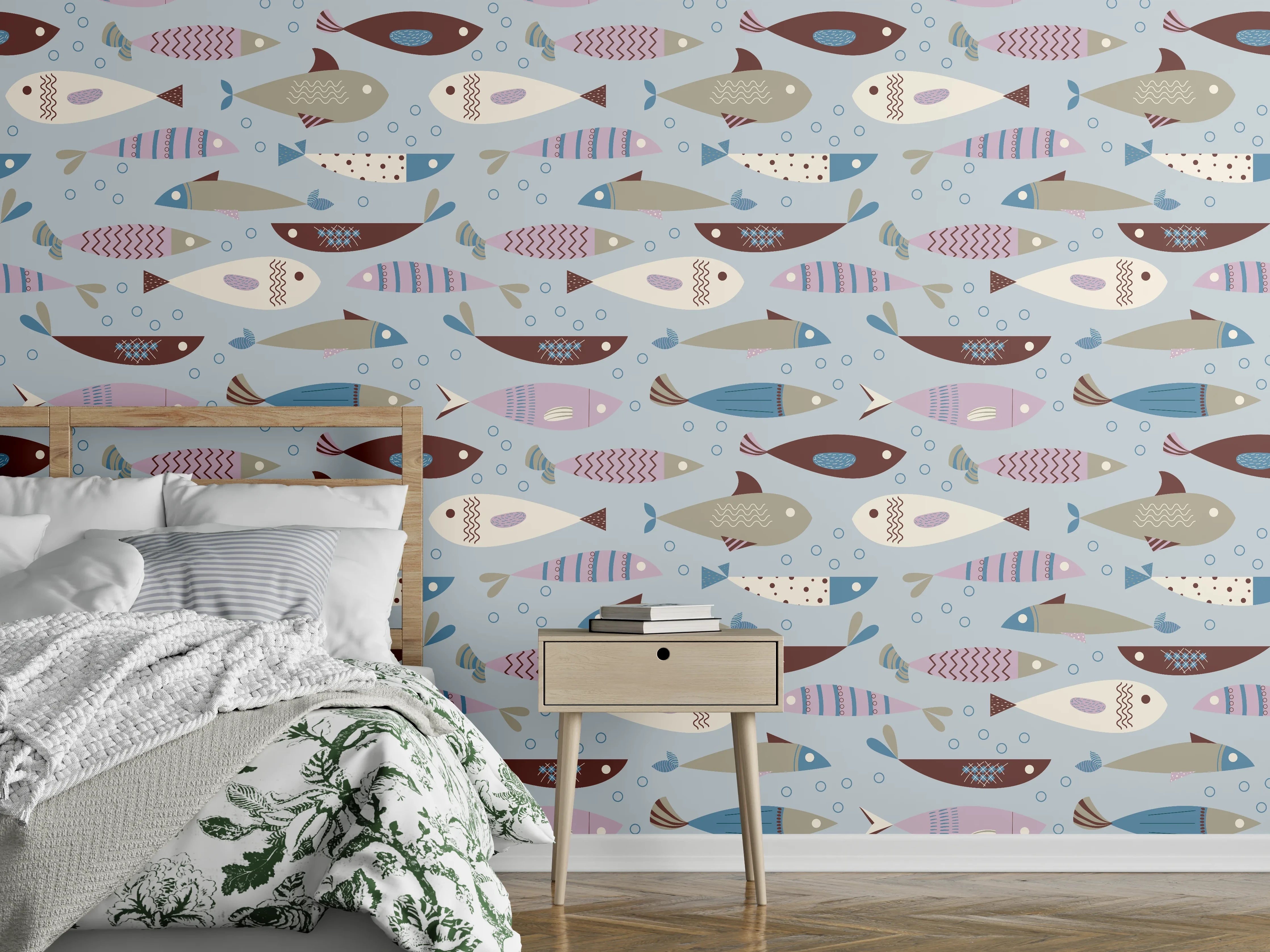 Wandverkleidung Schlafzimmer - Pastell-Fischmuster Blau Beige