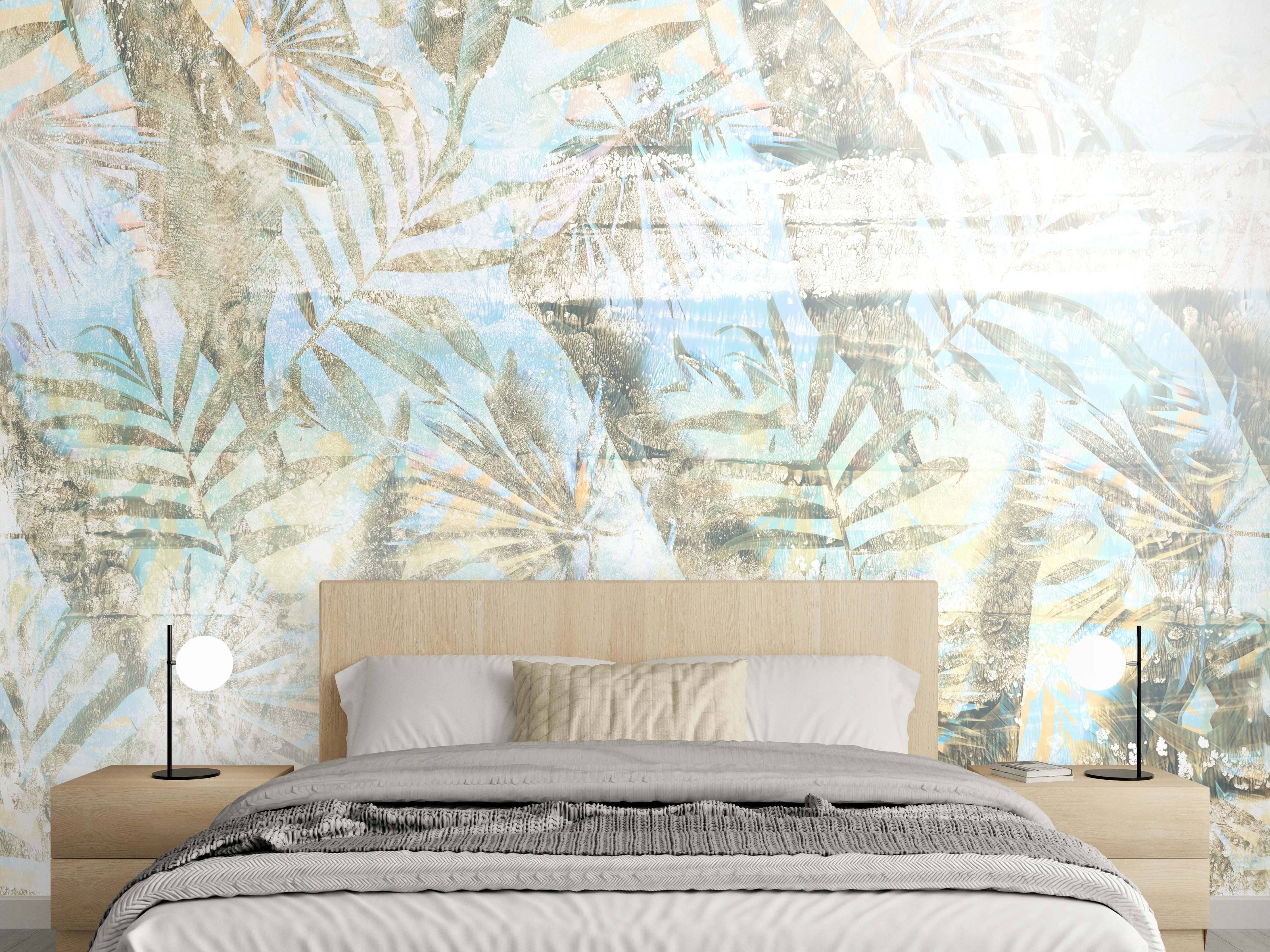 Wandverkleidung Schlafzimmer - Pastell Palmenblätter Vintage Optik