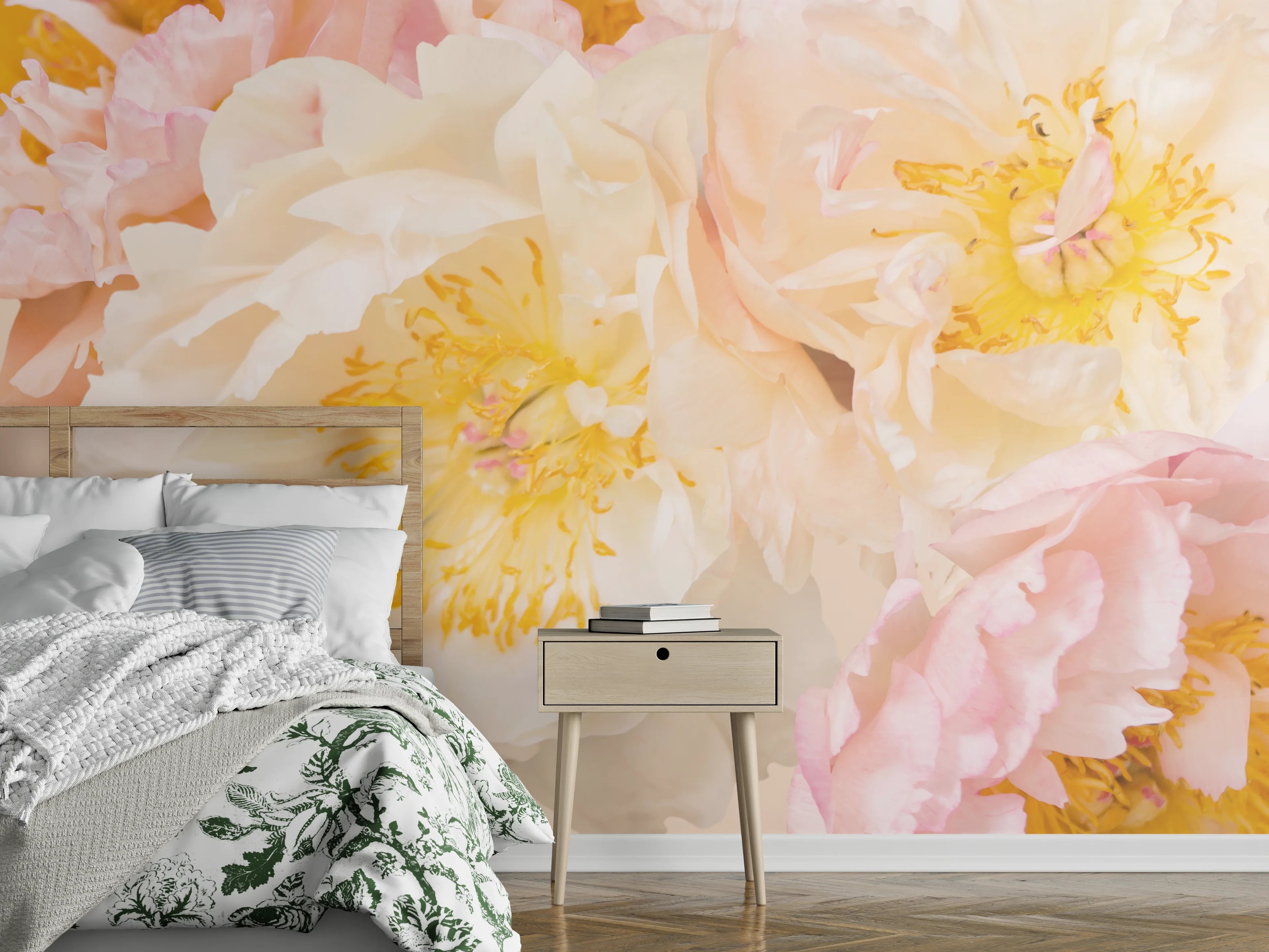 Wandverkleidung Schlafzimmer - Pastell Pfingstrosen Blumenmotiv