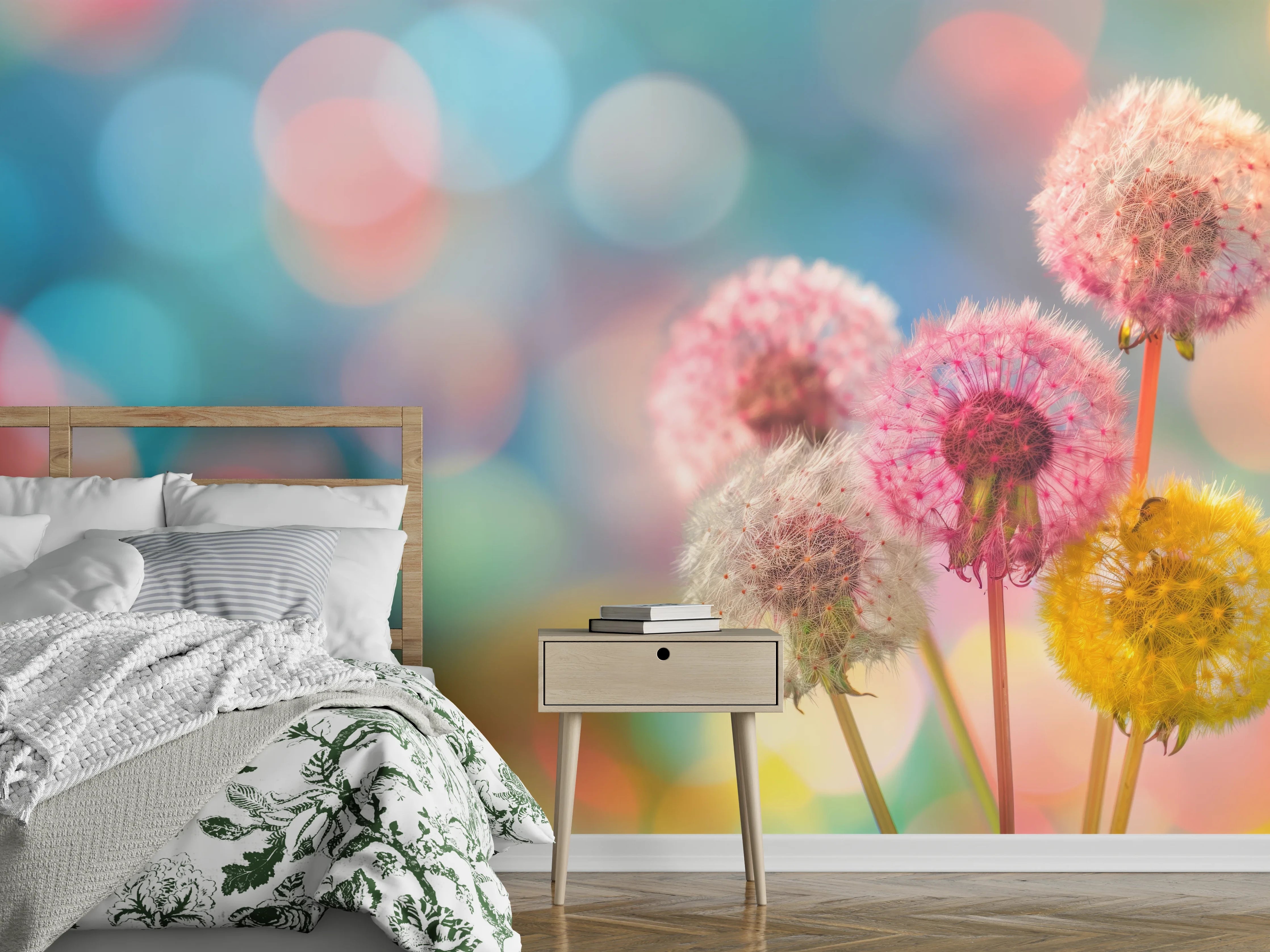 Wandverkleidung Schlafzimmer - Pastell-Pusteblumen im Bokeh