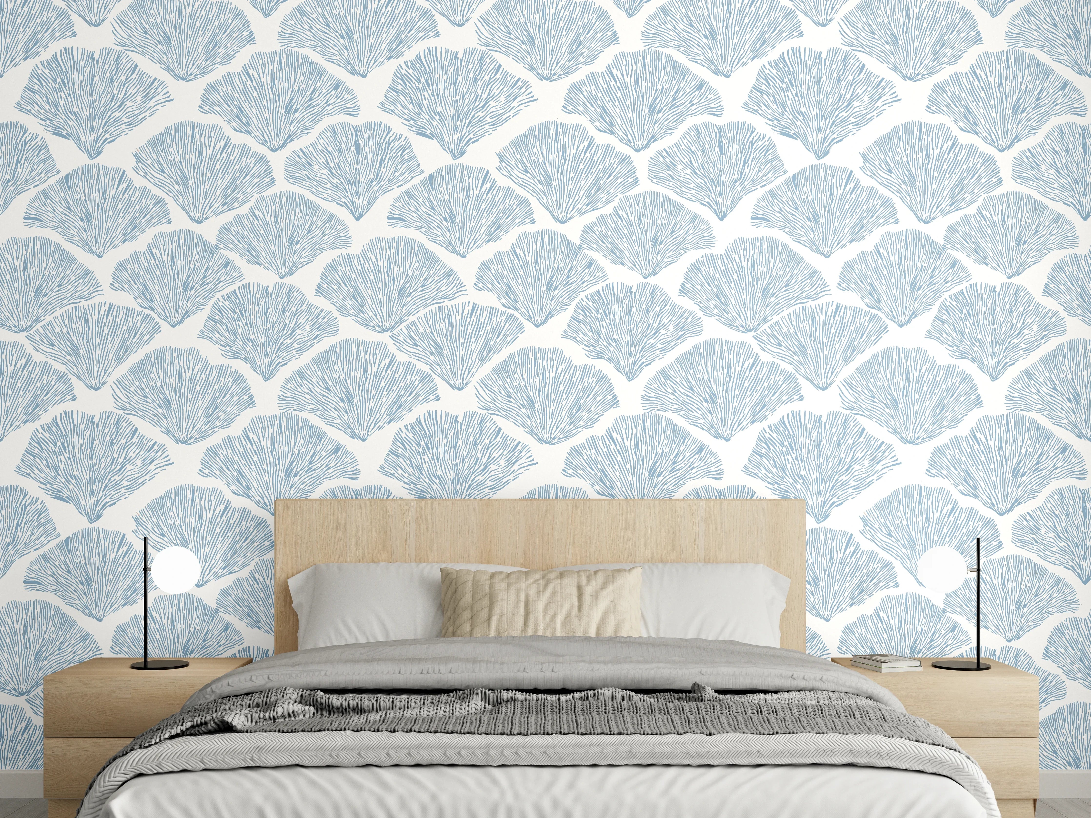 Wandverkleidung Schlafzimmer - Pastellblaues Korallenfächer-Muster