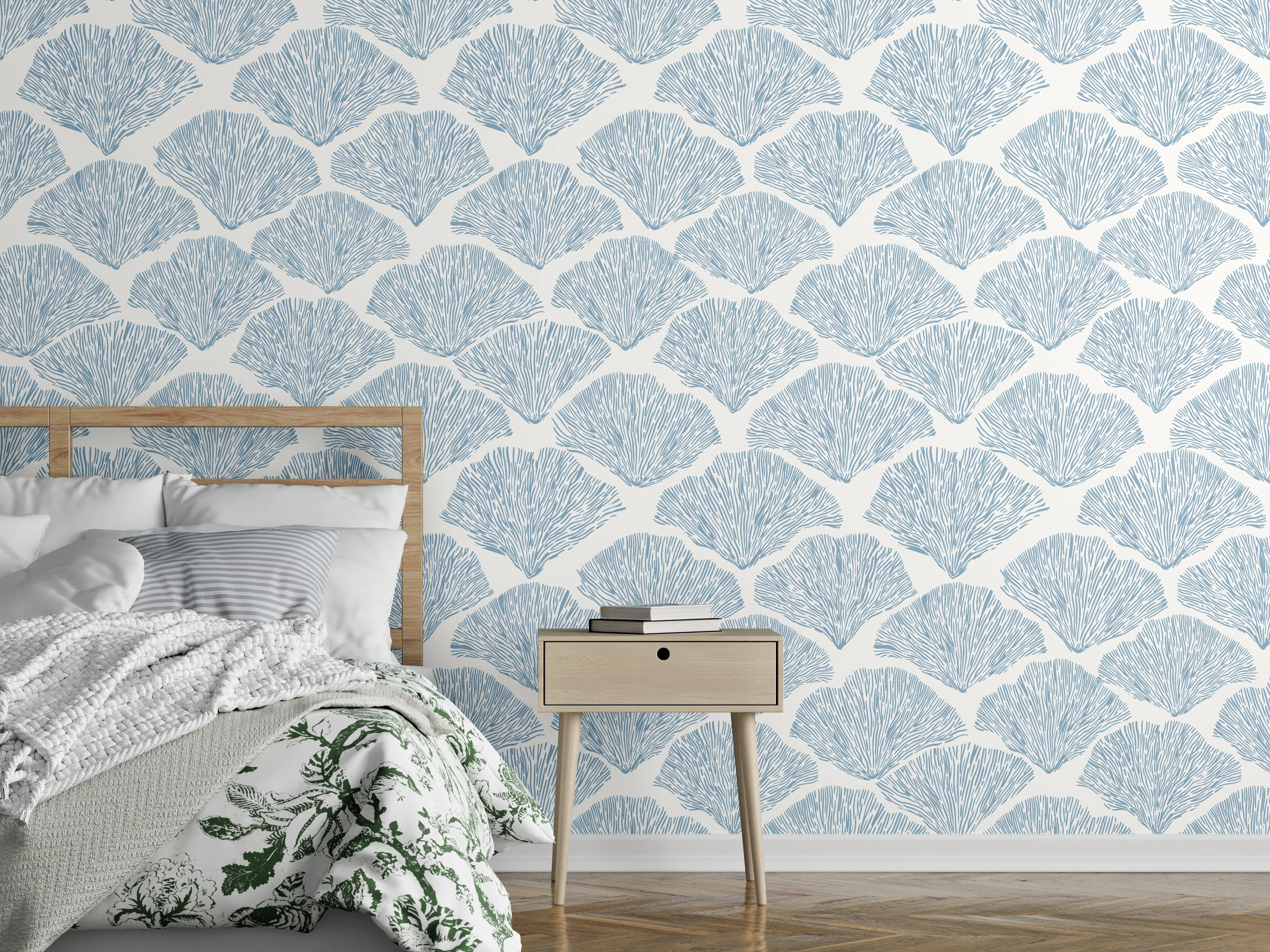 Wandverkleidung Schlafzimmer - Pastellblaues Korallenfächer-Muster