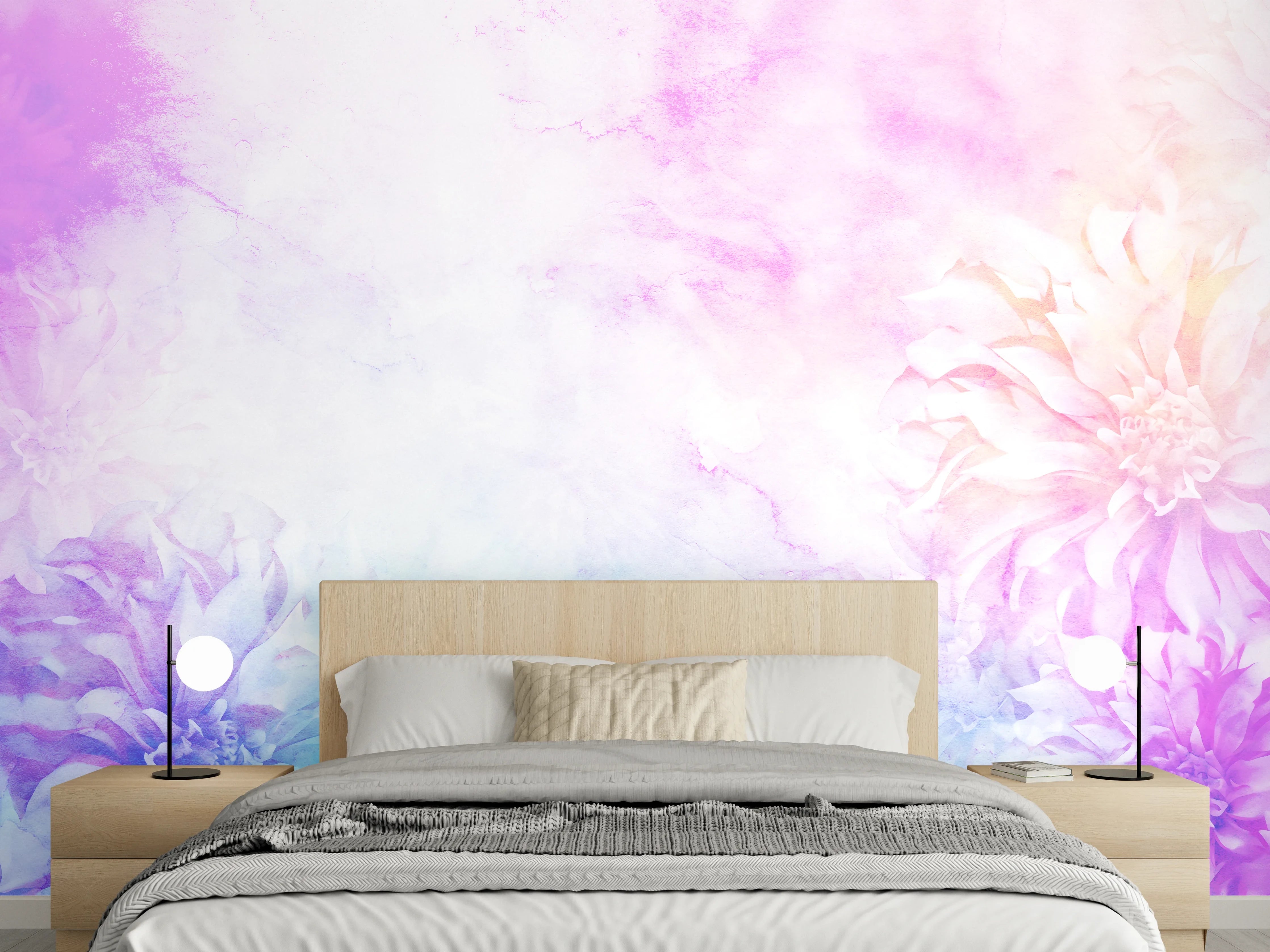 Wandverkleidung Schlafzimmer - Pastellblüten auf grauer Marmorstruktur