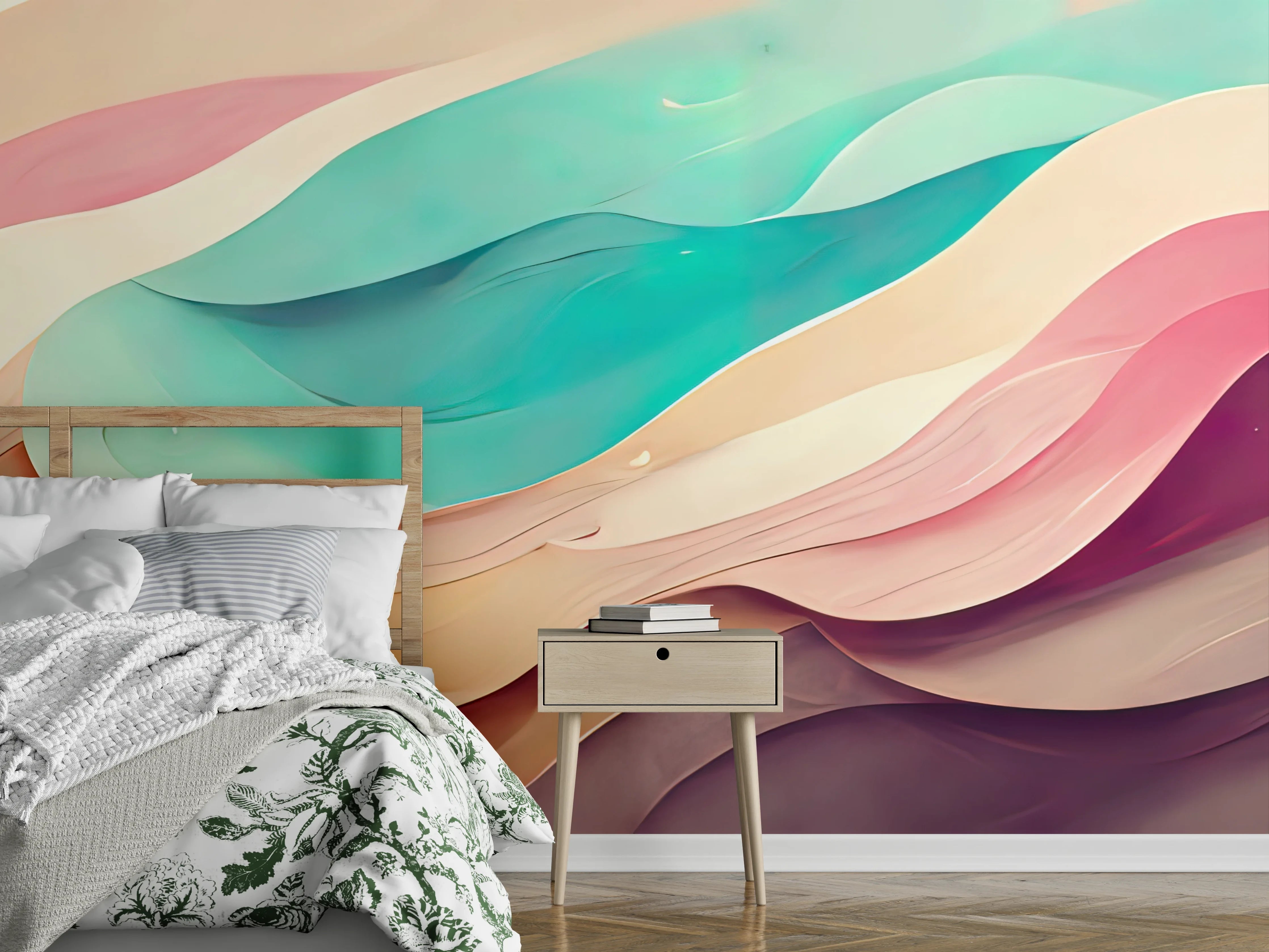 Wandverkleidung Schlafzimmer - Pastellfarbene Wellen – Abstrakte Wandkunst