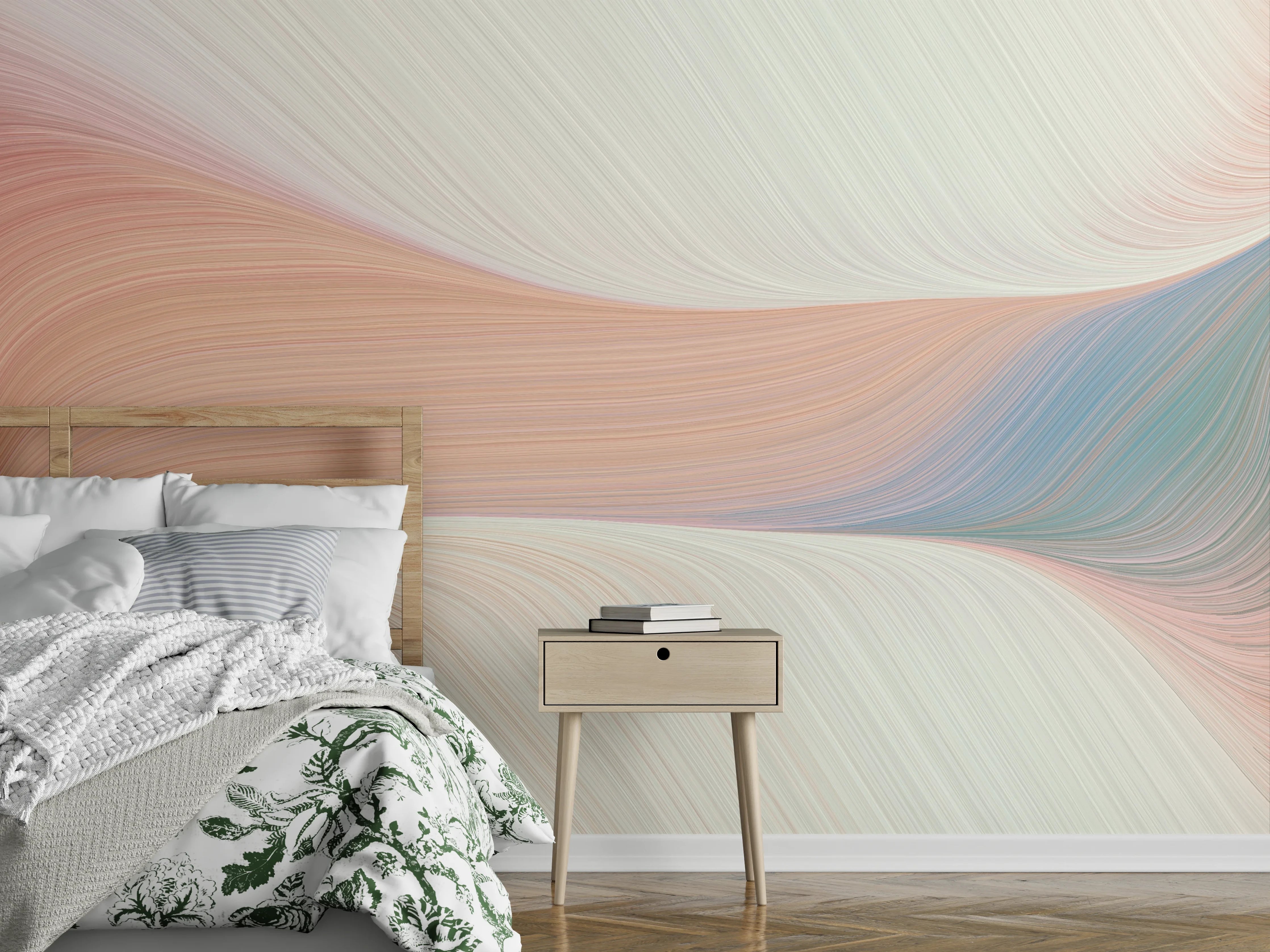 Wandverkleidung Schlafzimmer - Pastellfarbene abstrakte Wellen Wandbild