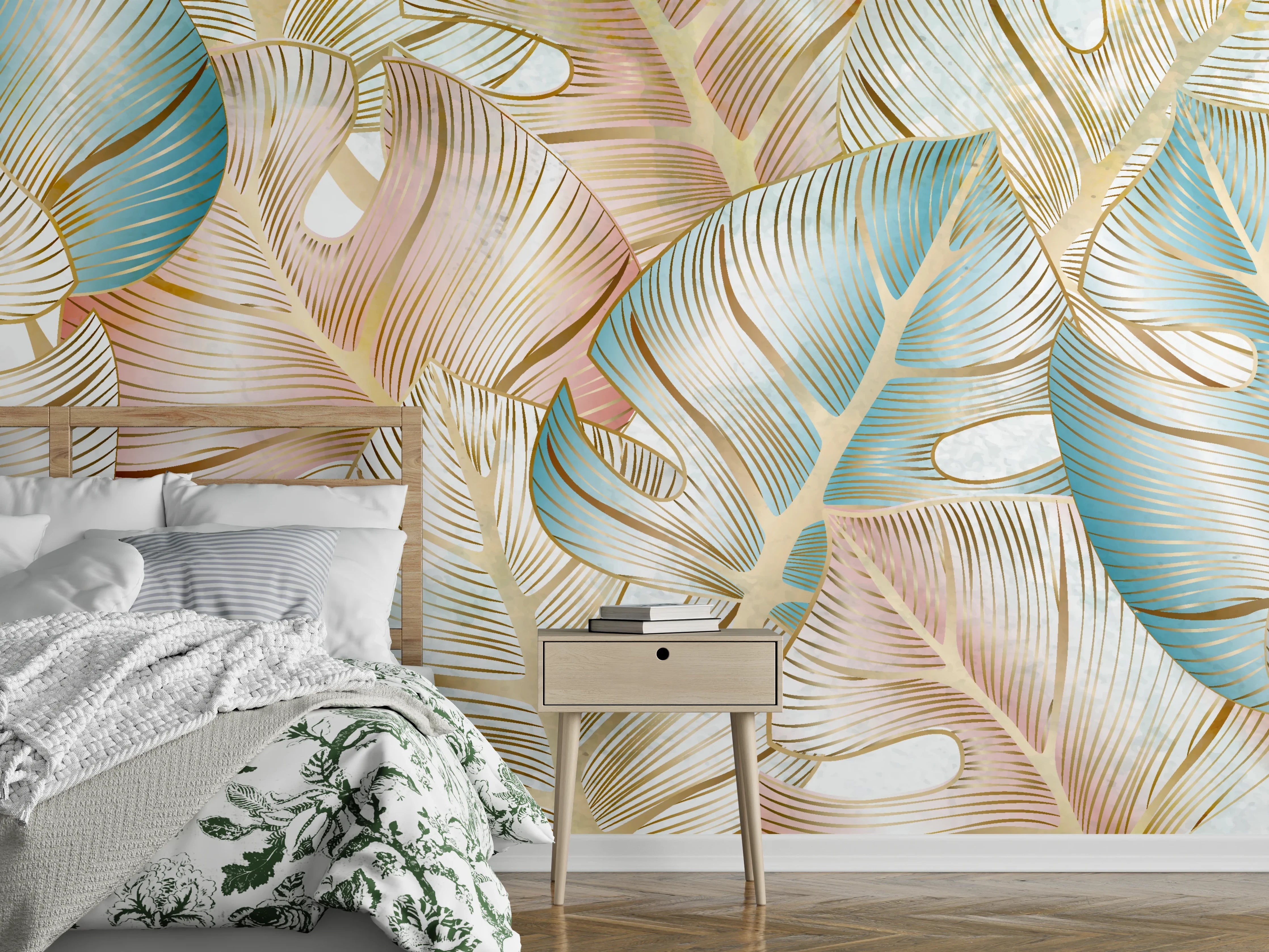 Wandverkleidung Schlafzimmer - Pastellfarbenes Blattmuster Design