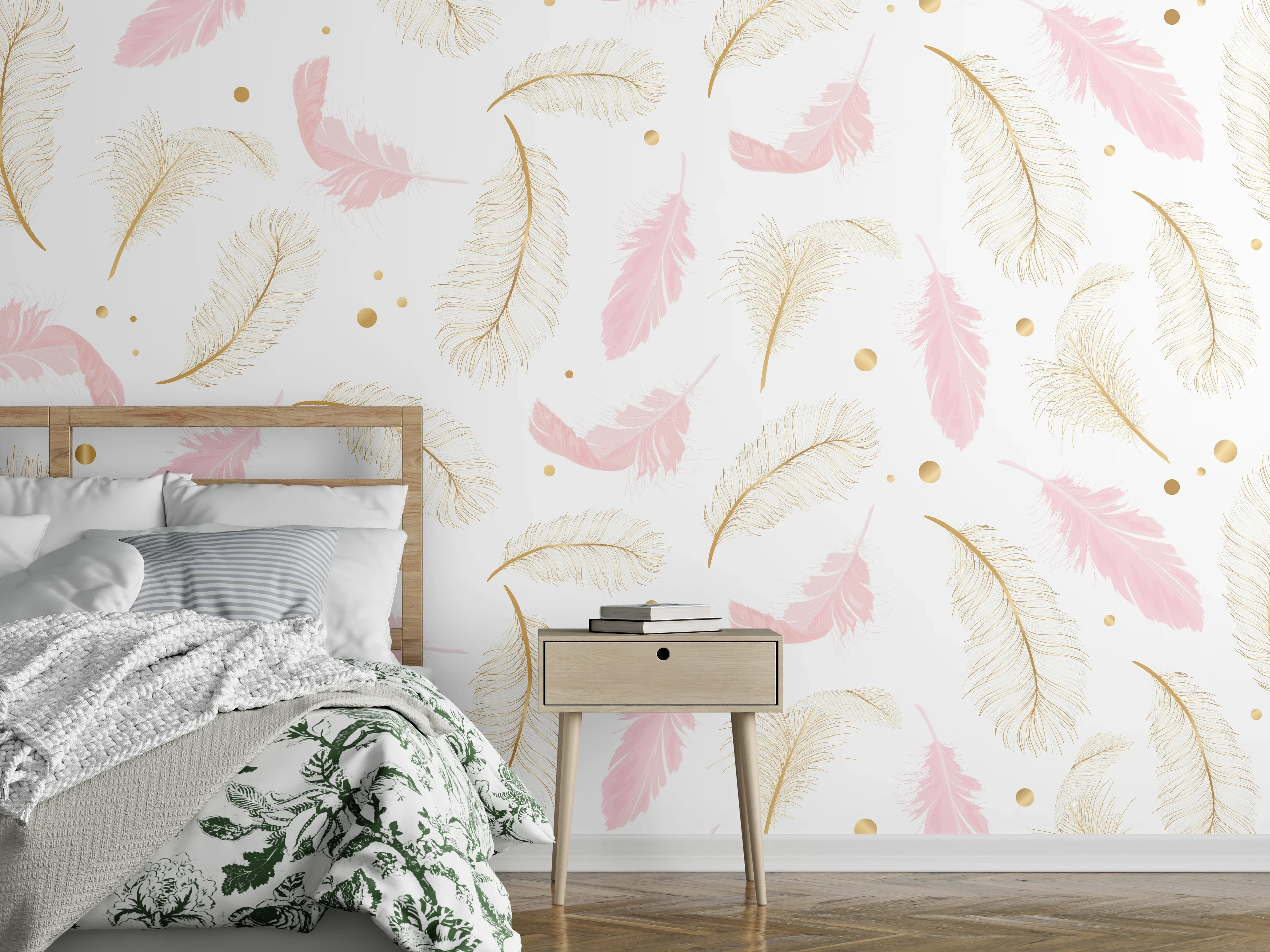 Wandverkleidung Schlafzimmer - Pastellfedern Muster in Rosé und Gold