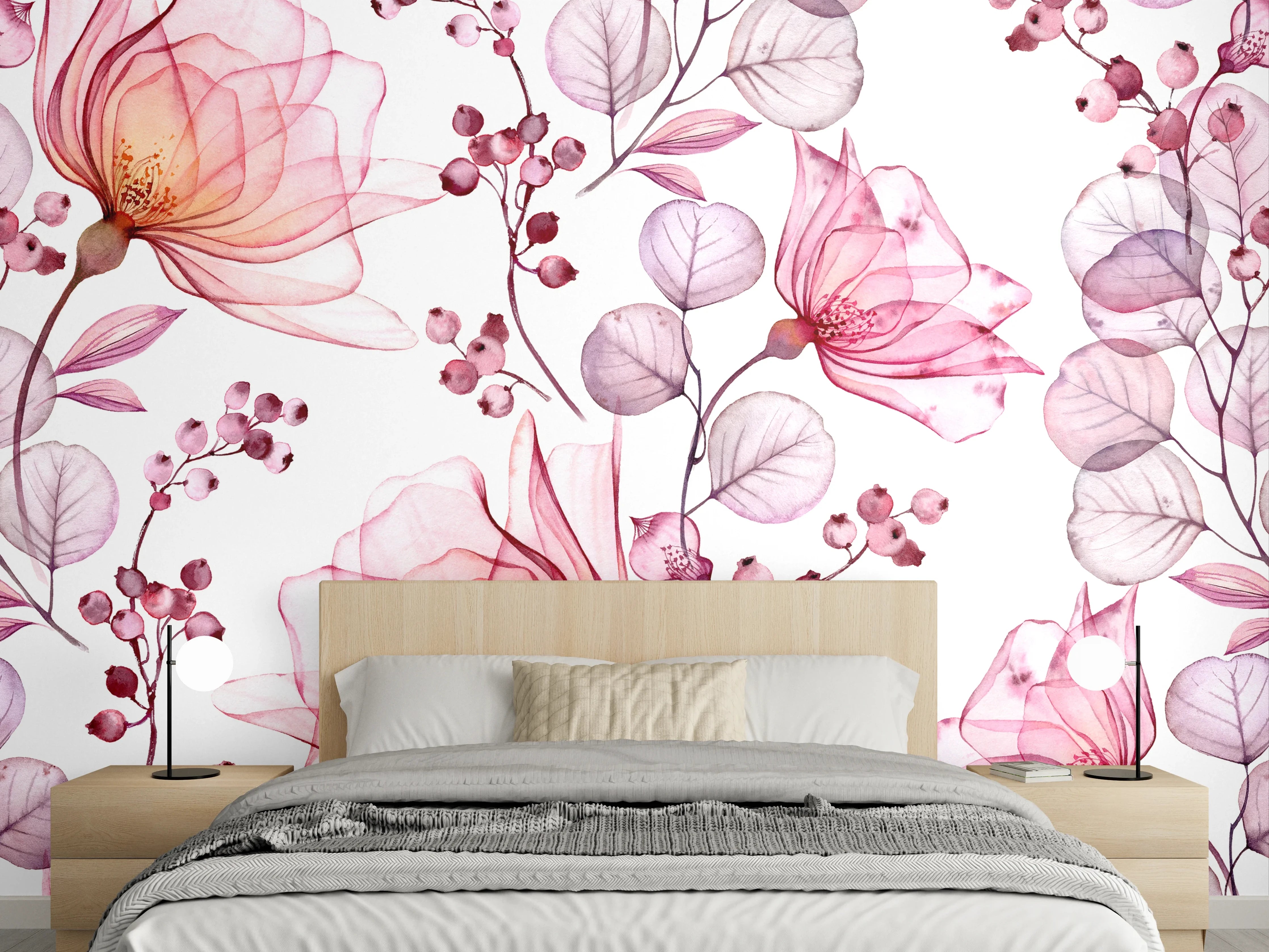 Wandverkleidung Schlafzimmer - Pastellrosafarbene Blüten mit Grauschimmer