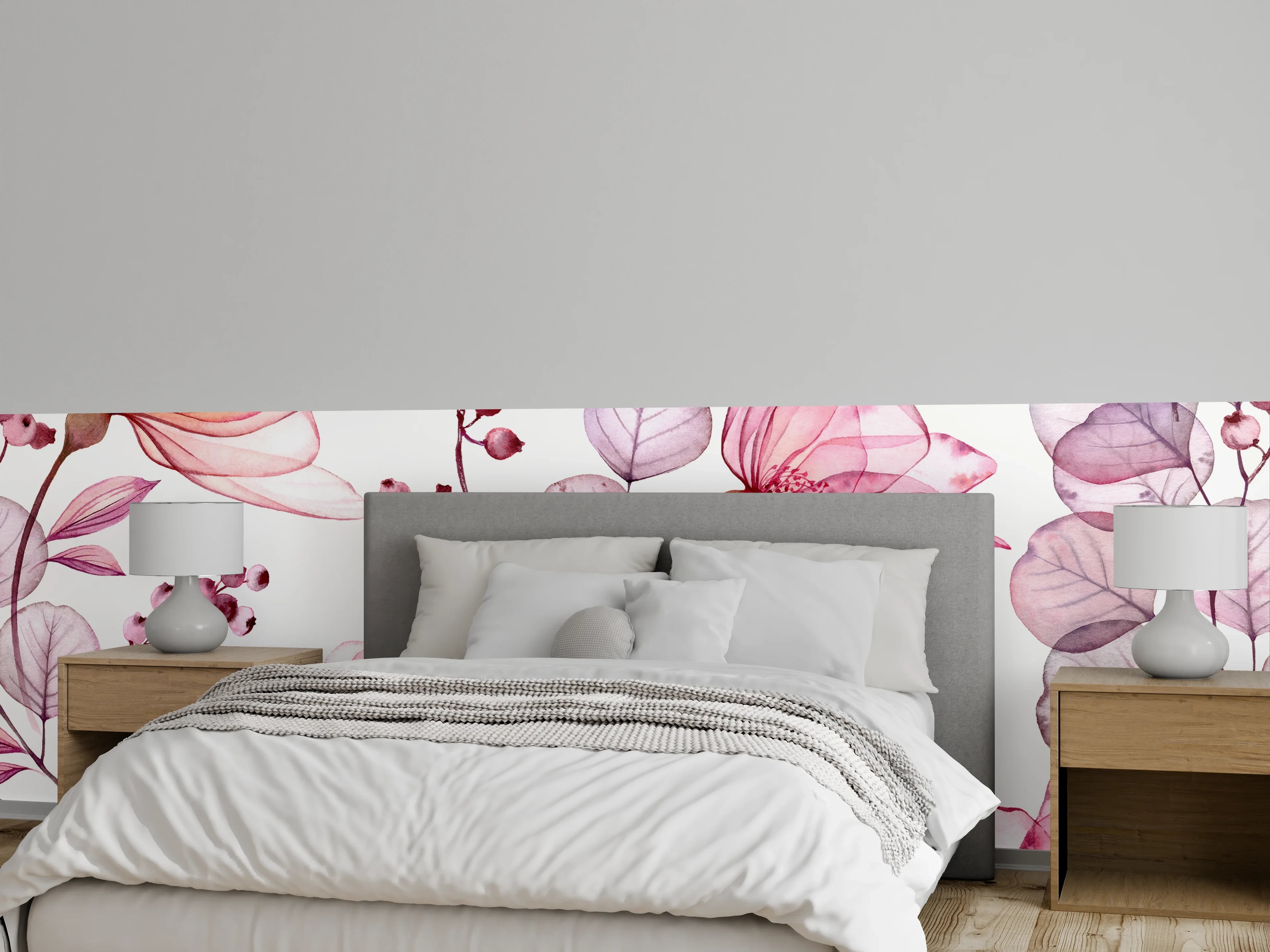 Wandverkleidung Schlafzimmer - Pastellrosafarbene Blüten mit Grauschimmer