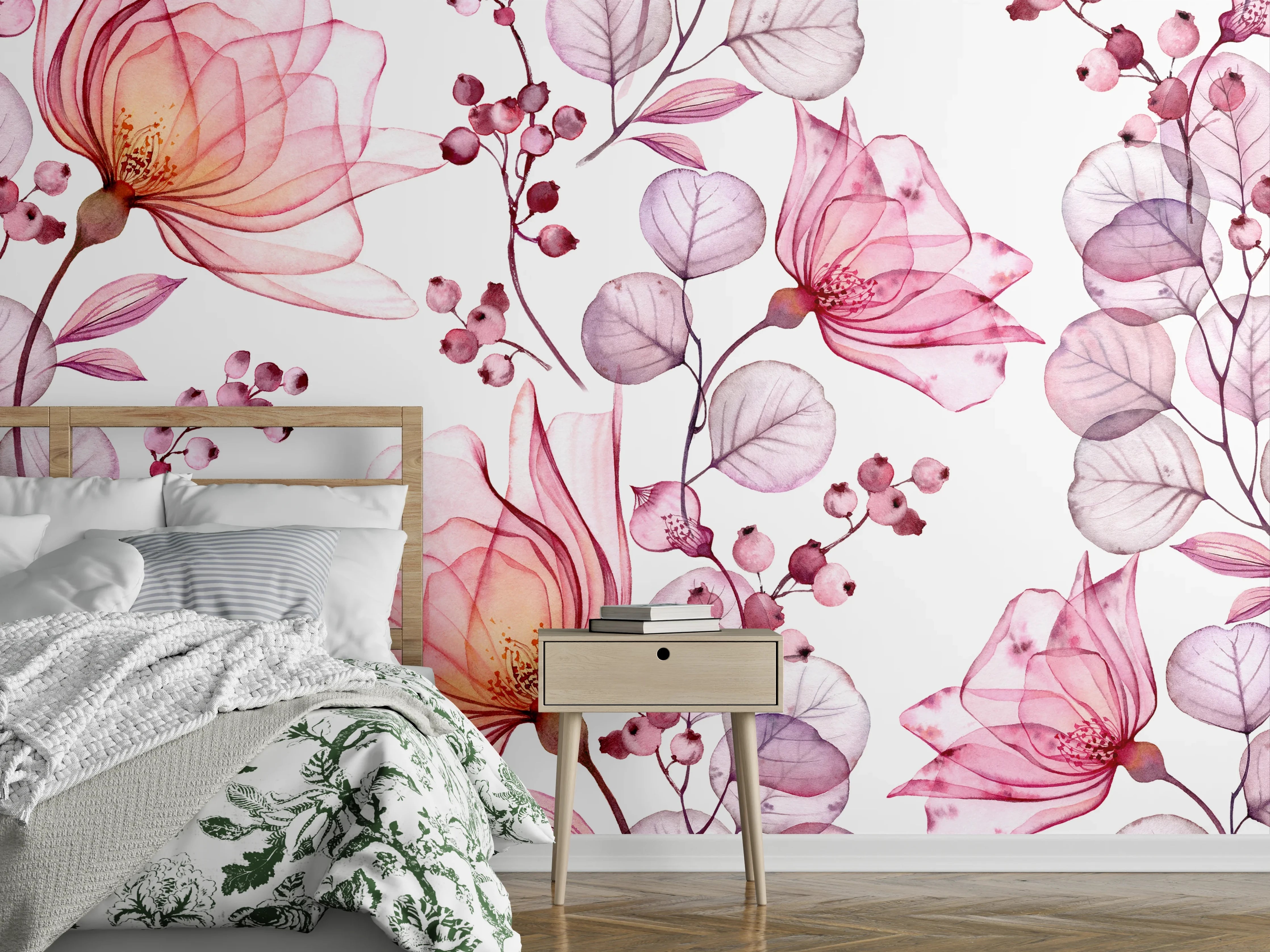 Wandverkleidung Schlafzimmer - Pastellrosafarbene Blüten mit Grauschimmer