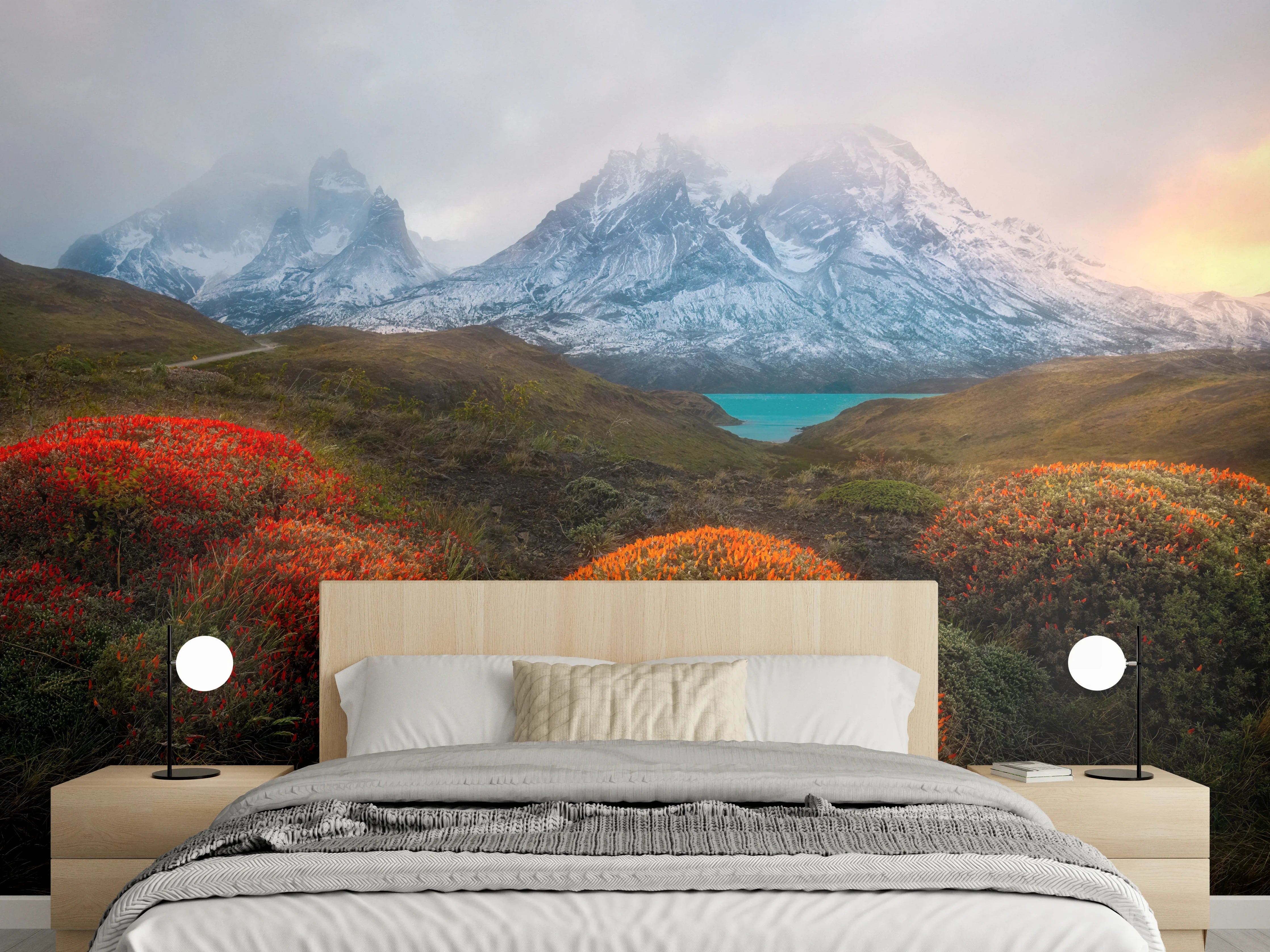 Wandverkleidung Schlafzimmer - Patagonische Berglandschaft mit buntem Buschwerk