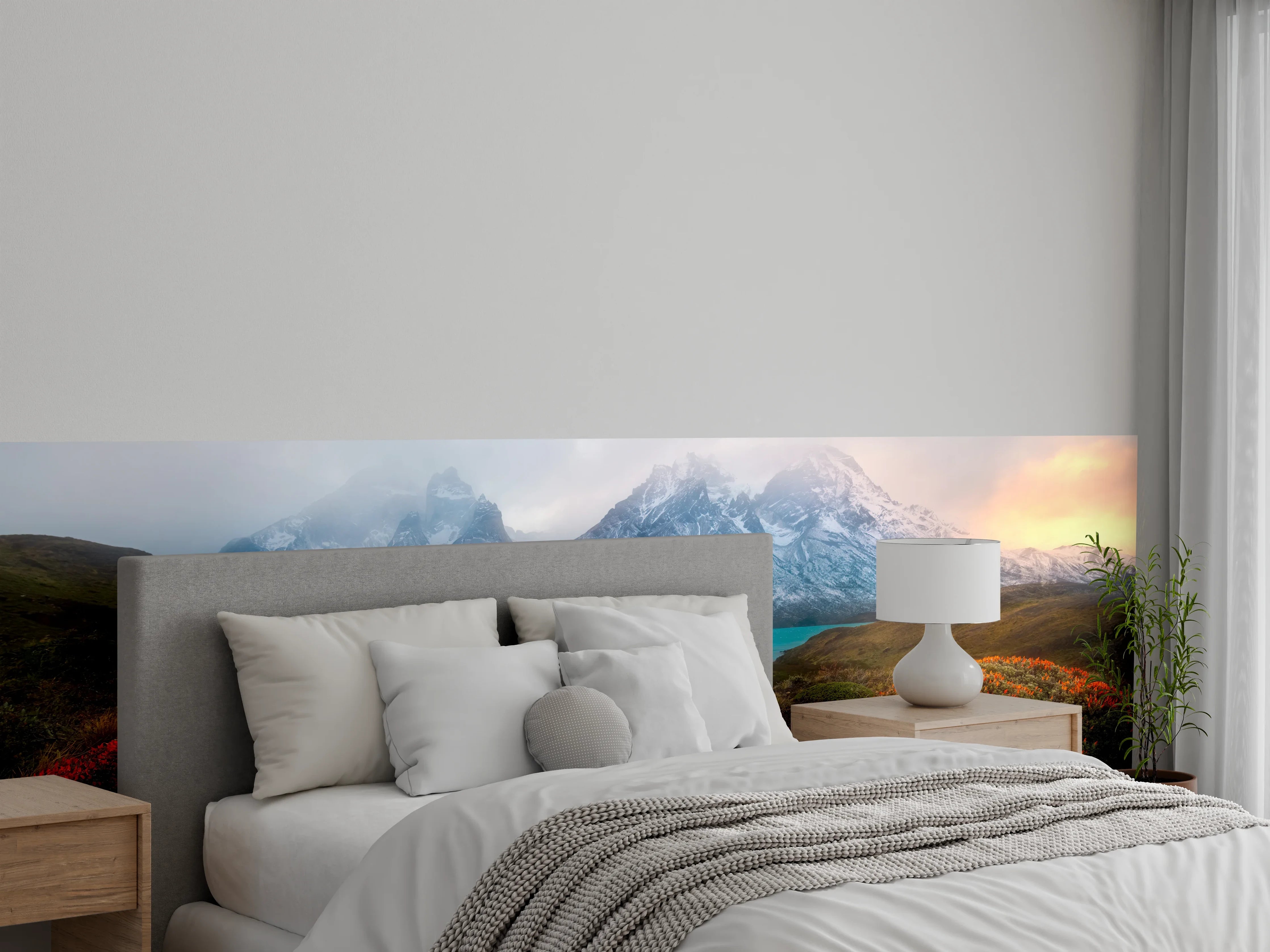 Wandverkleidung Schlafzimmer - Patagonische Berglandschaft mit buntem Buschwerk
