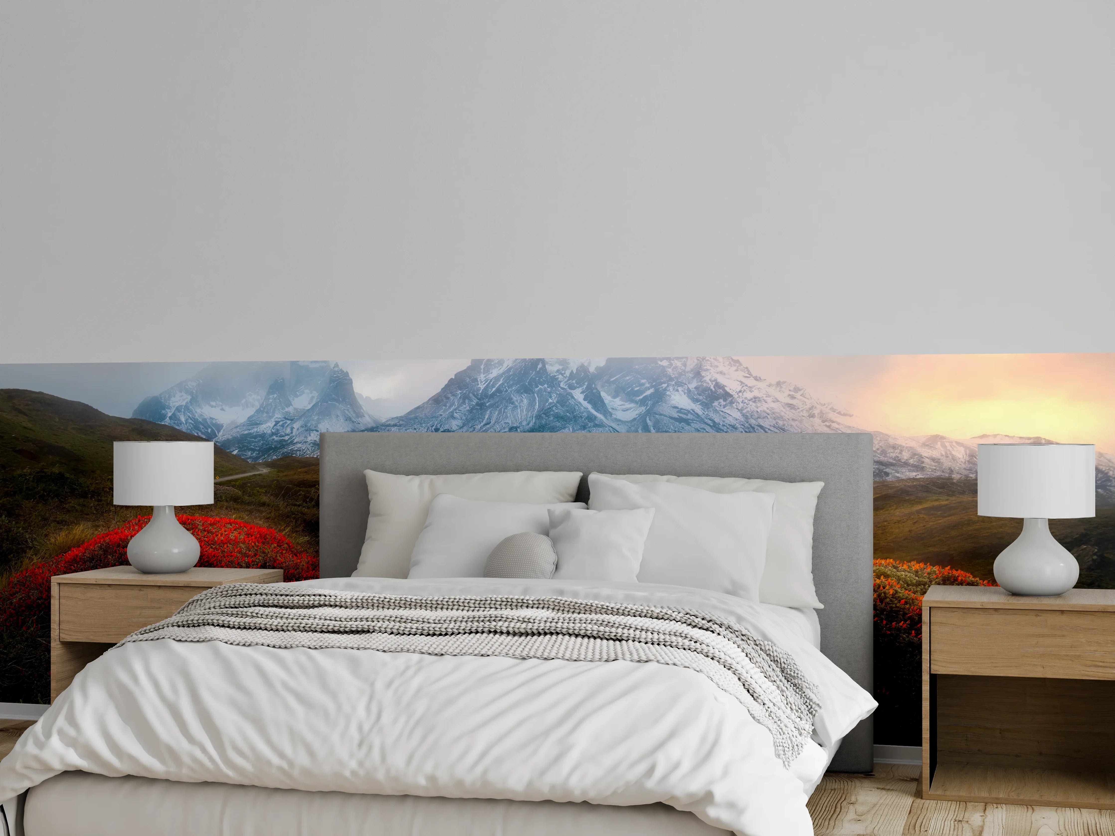 Wandverkleidung Schlafzimmer - Patagonische Berglandschaft mit buntem Buschwerk