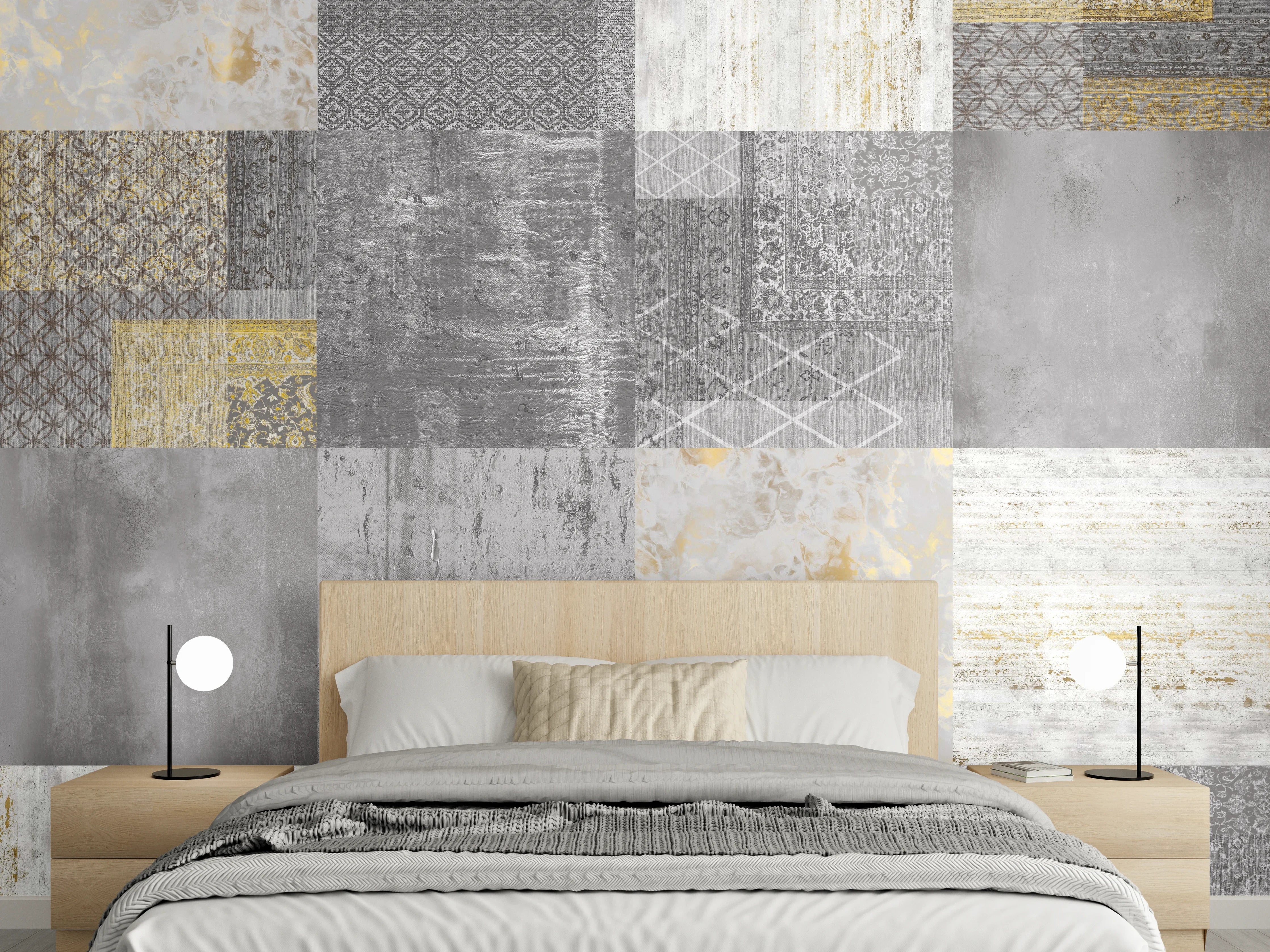 Wandverkleidung Schlafzimmer - Patchwork Fliesenmuster Grau Gold modern