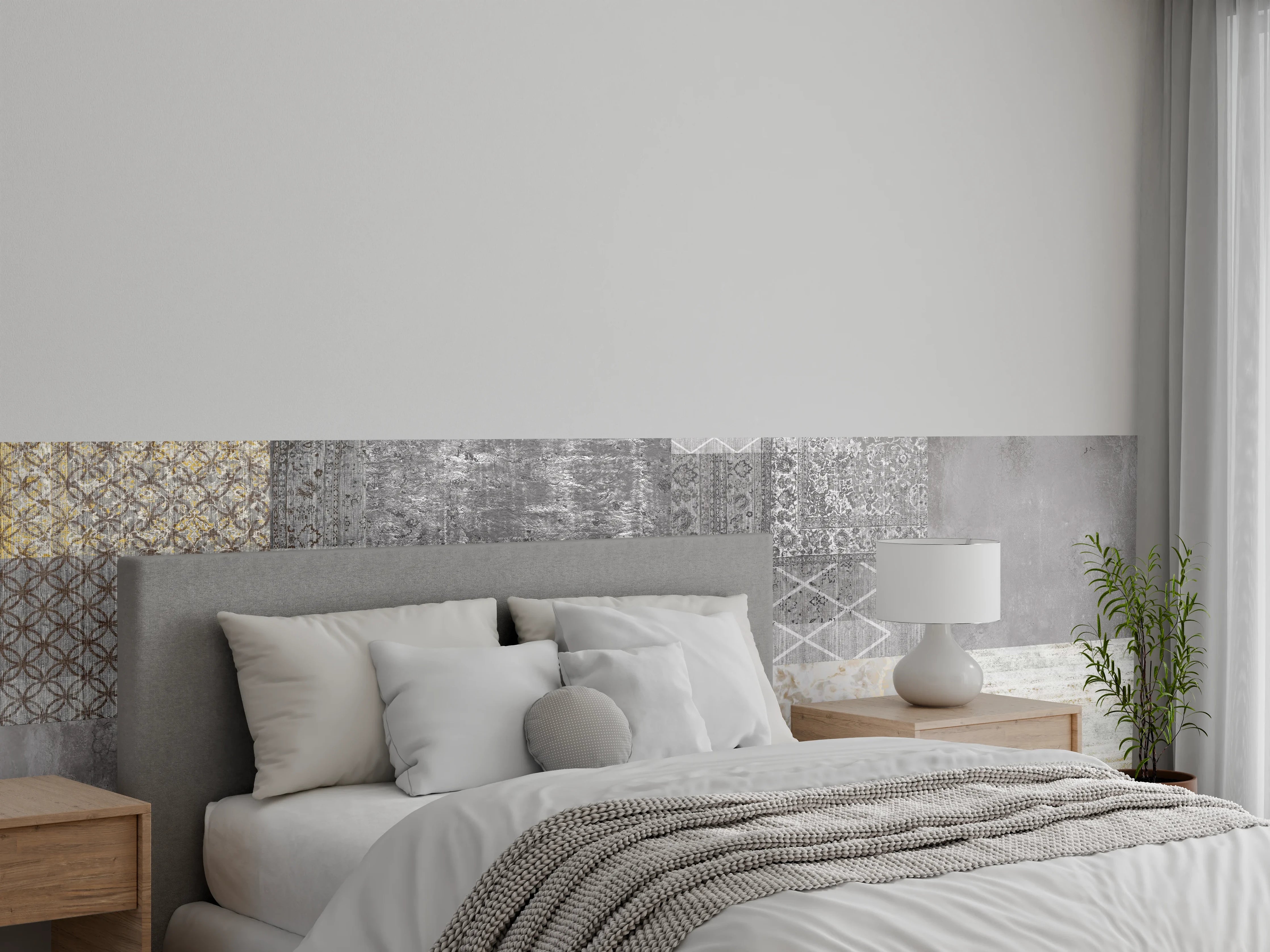 Wandverkleidung Schlafzimmer - Patchwork Fliesenmuster Grau Gold modern