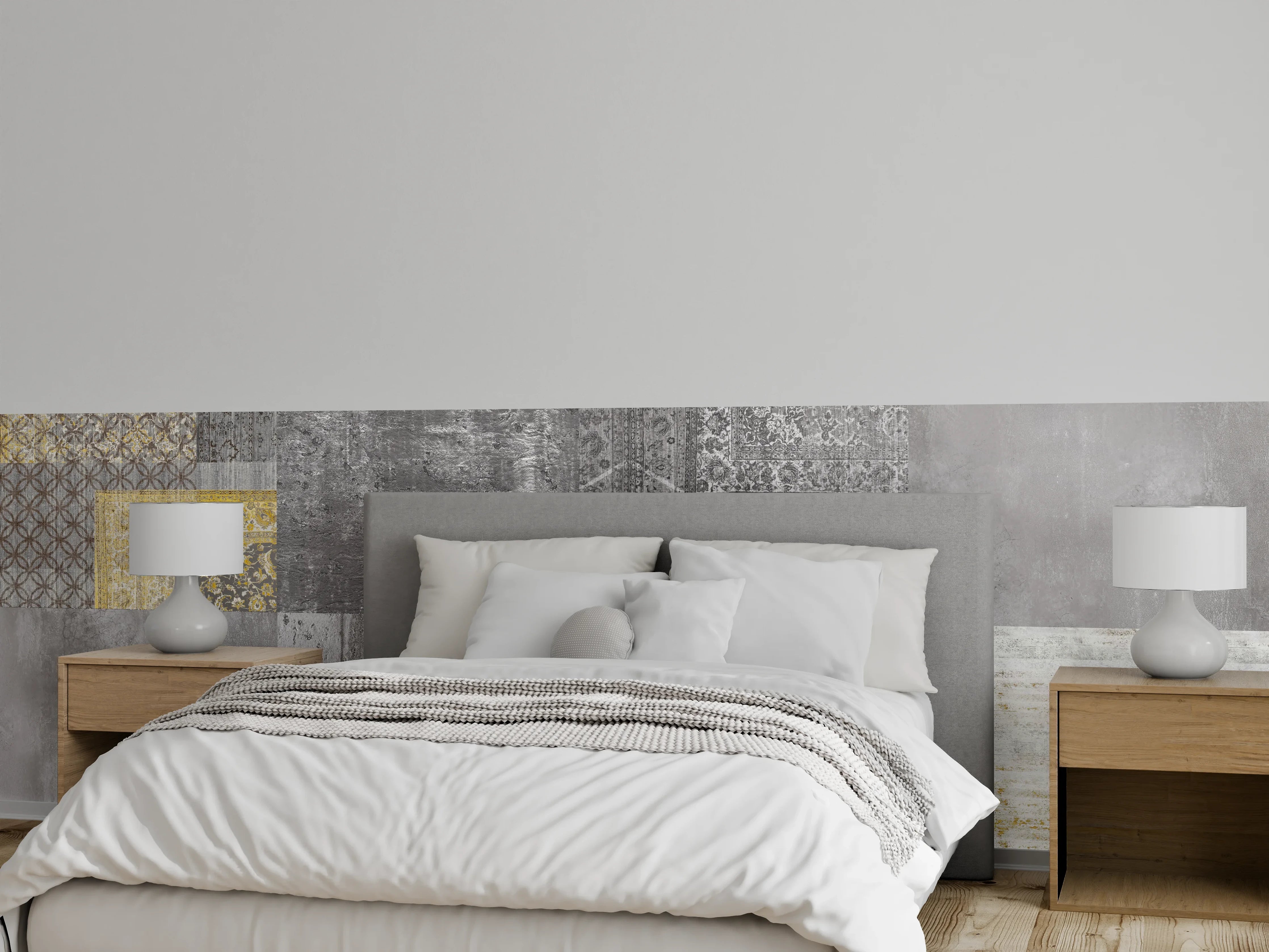 Wandverkleidung Schlafzimmer - Patchwork Fliesenmuster Grau Gold modern