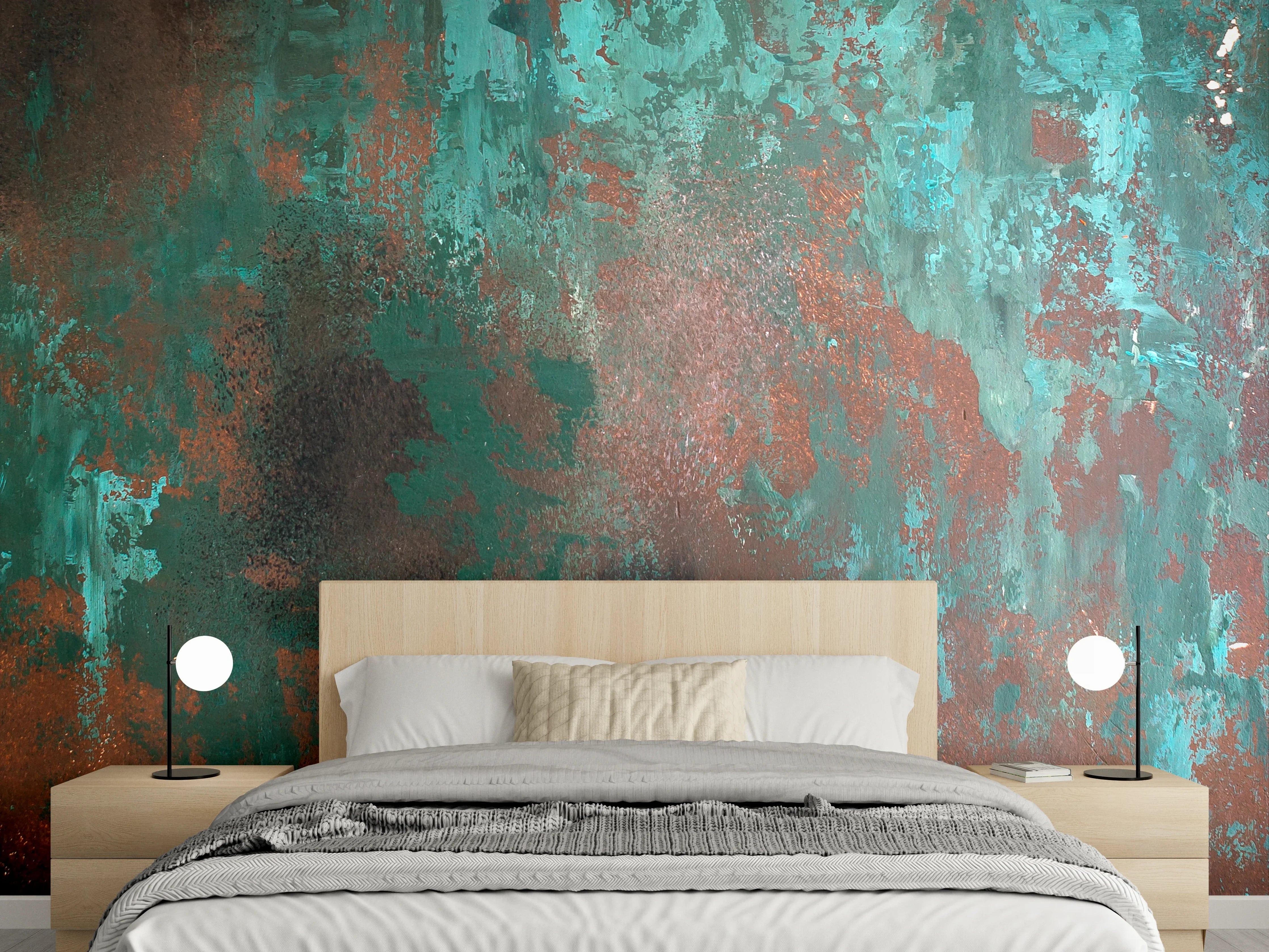 Wandverkleidung Schlafzimmer - Patina-Effekt in Türkis und Braun