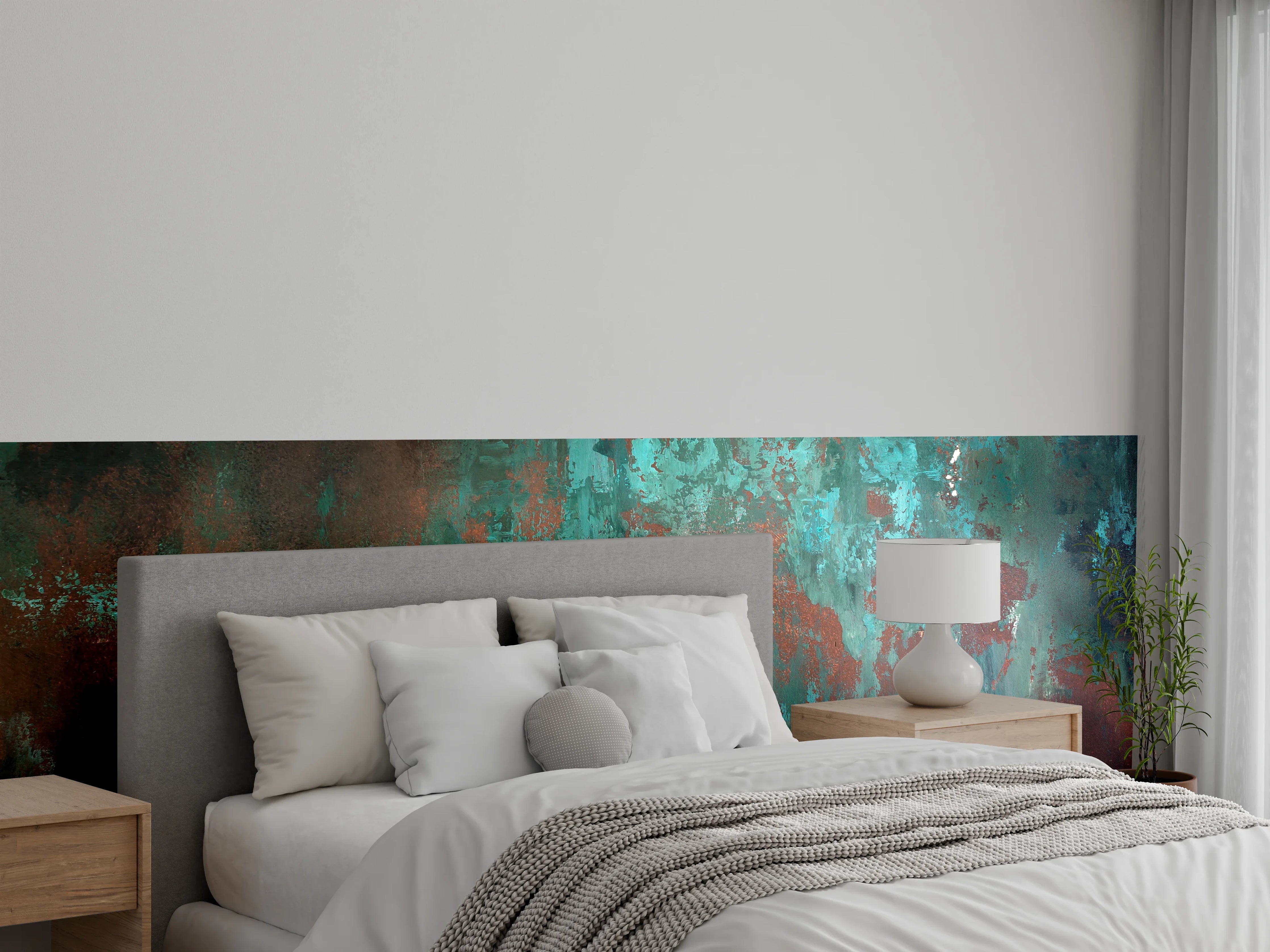 Wandverkleidung Schlafzimmer - Patina-Effekt in Türkis und Braun