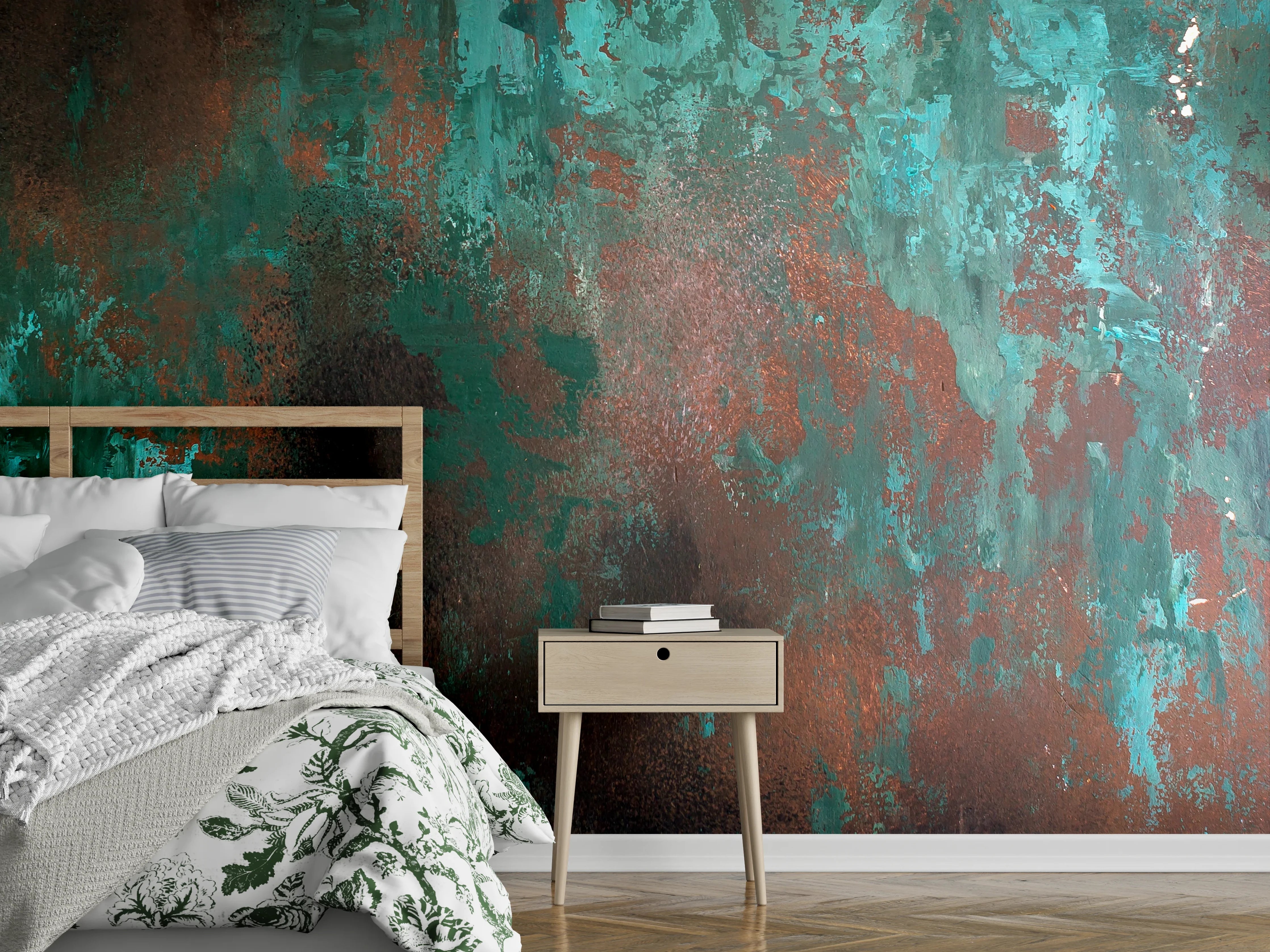 Wandverkleidung Schlafzimmer - Patina-Effekt in Türkis und Braun