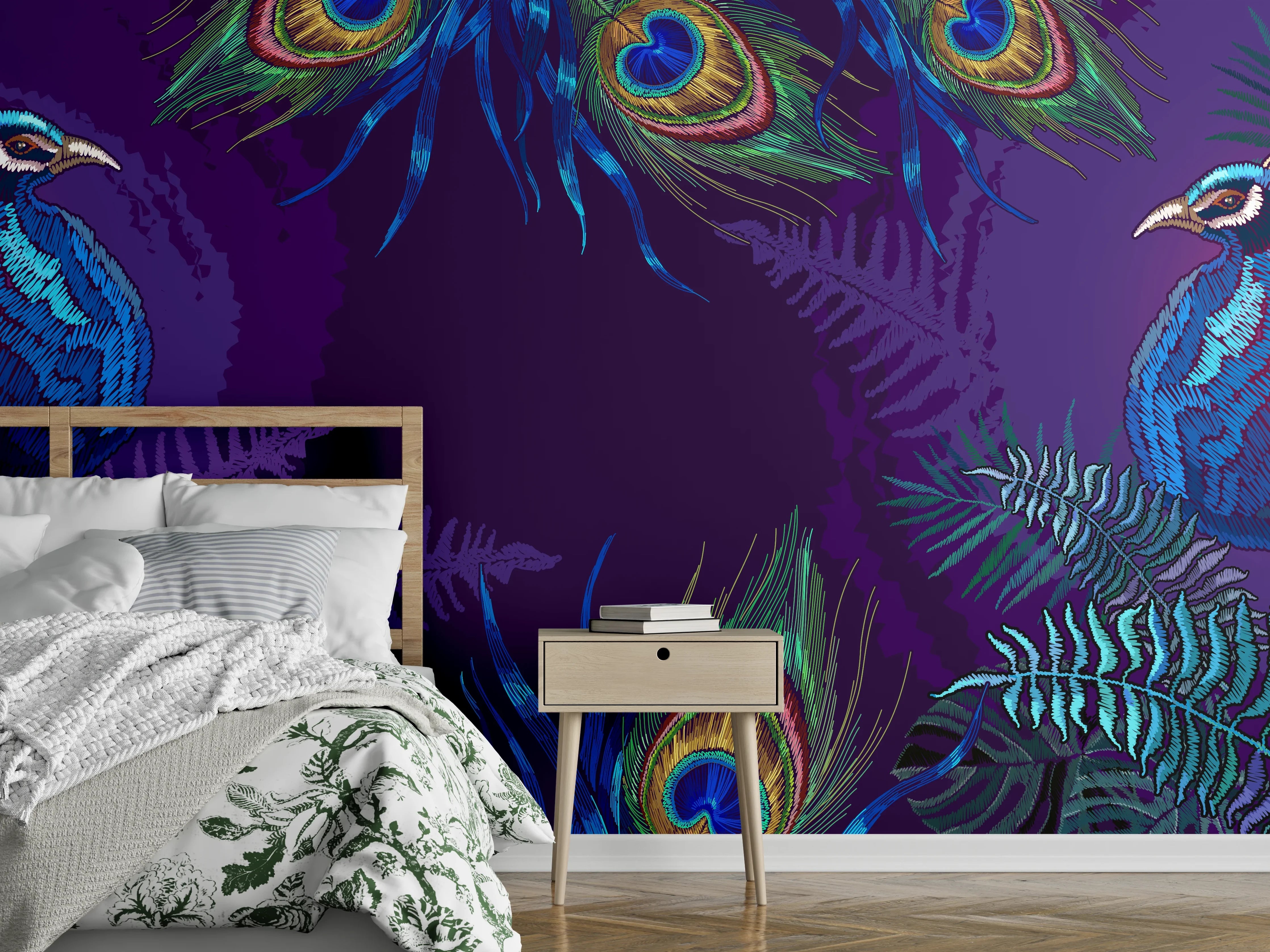 Wandverkleidung Schlafzimmer - Pfau - Stickmuster