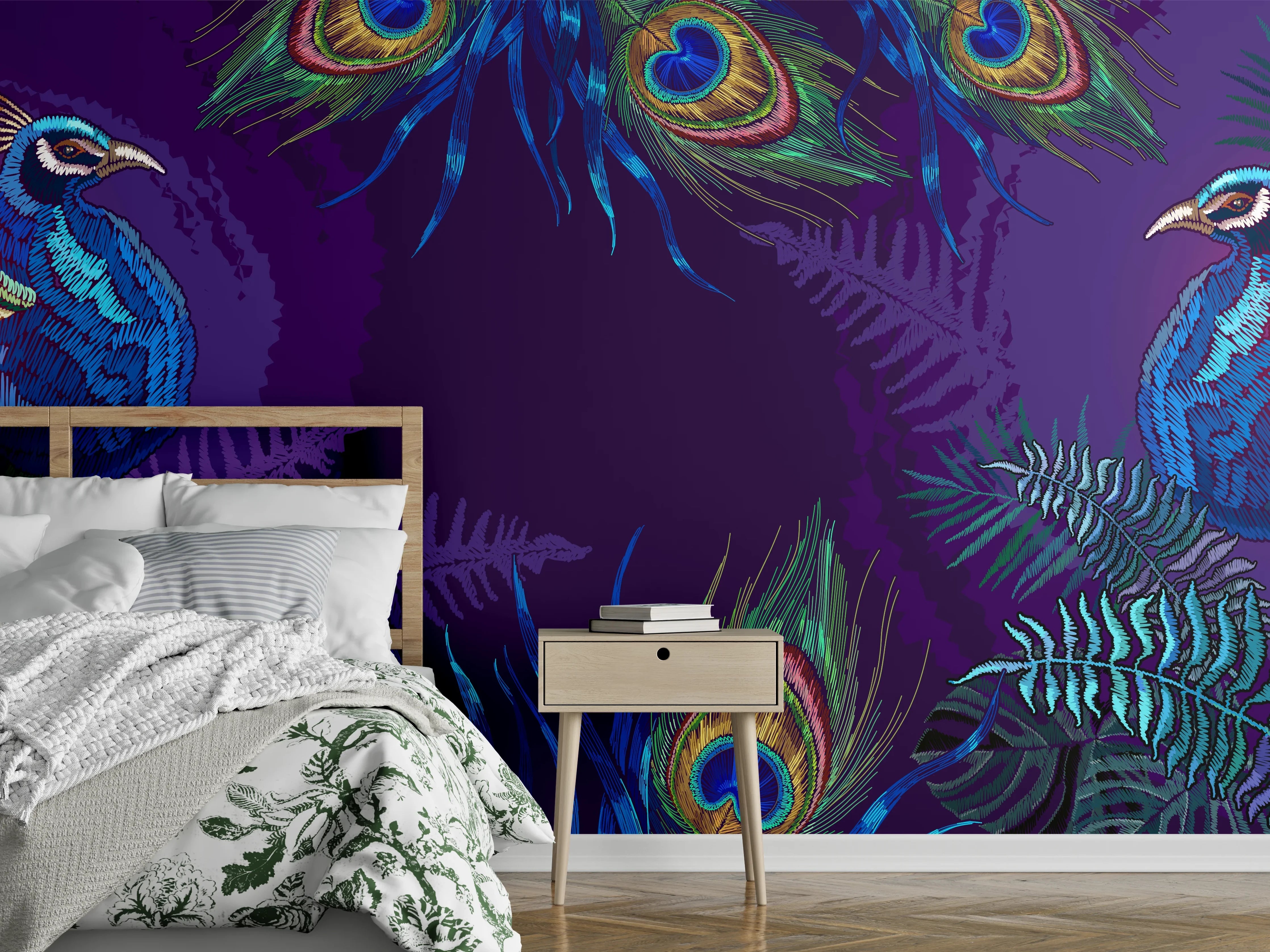 Wandverkleidung Schlafzimmer - Pfauen Stickkunst Palmenblätter