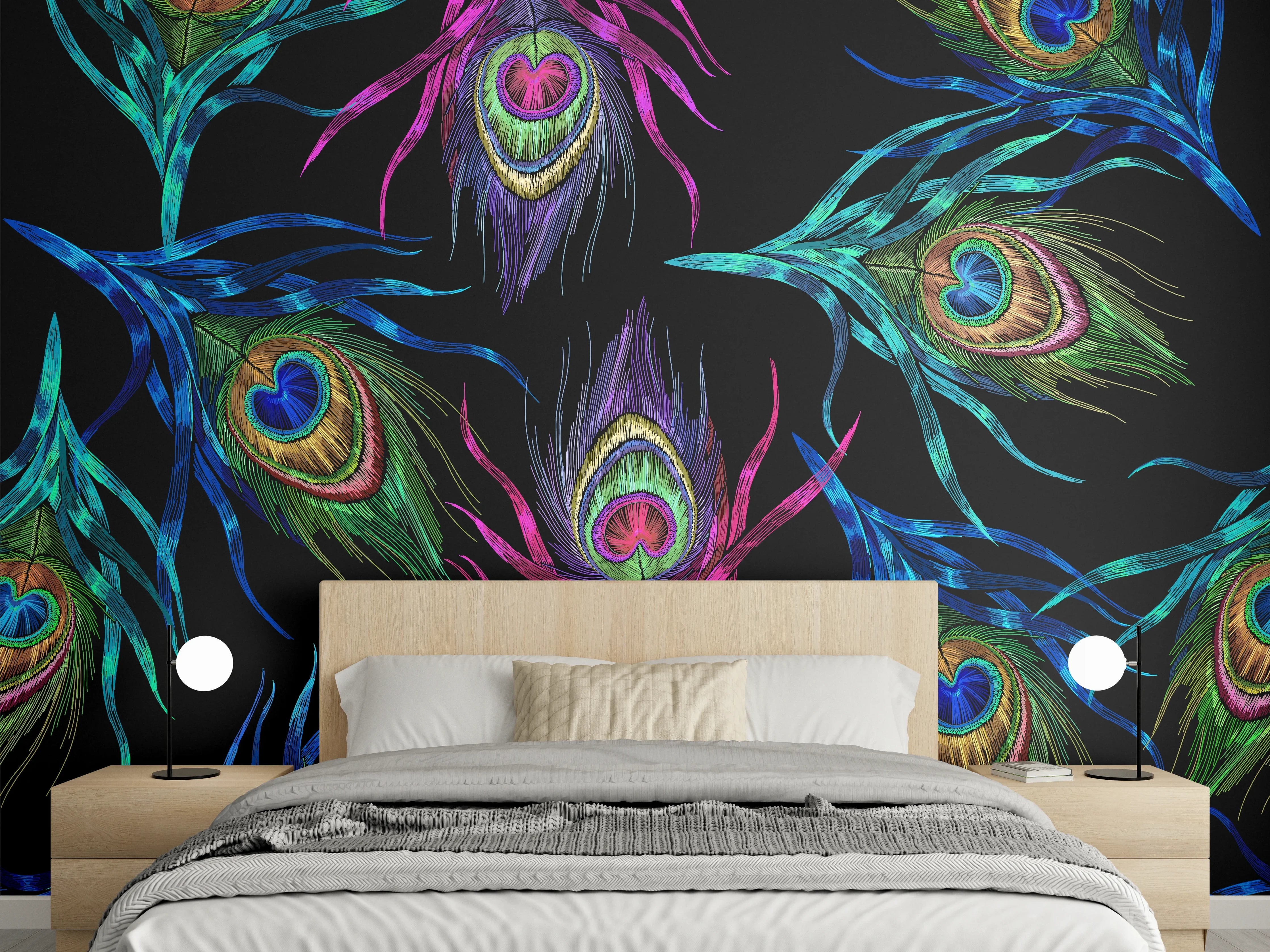 Wandverkleidung Schlafzimmer - Pfauenfeder Muster bunt Schwarz