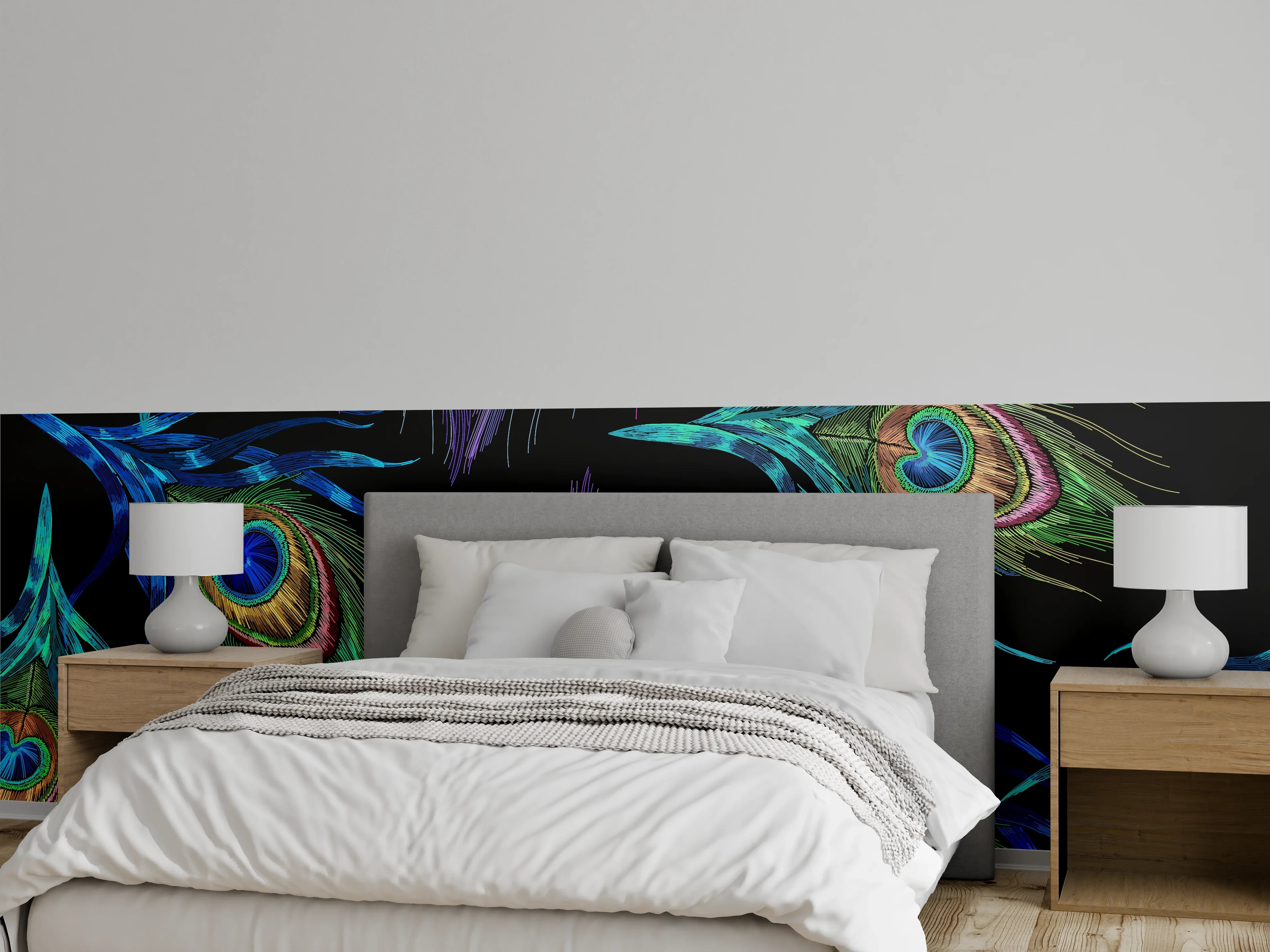 Wandverkleidung Schlafzimmer - Pfauenfeder Muster bunt Schwarz