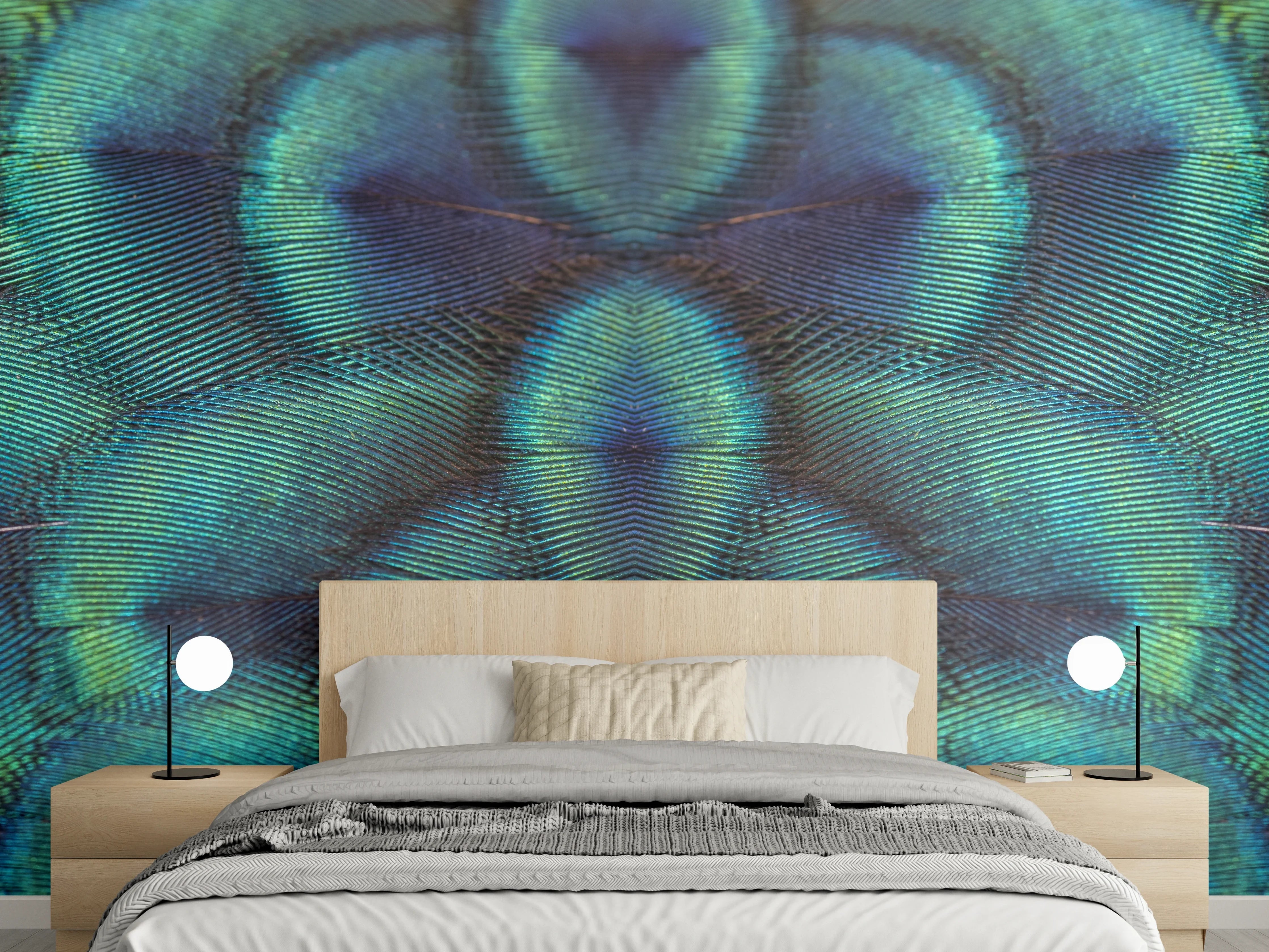 Wandverkleidung Schlafzimmer - Pfauenfedern - Nahaufnahme