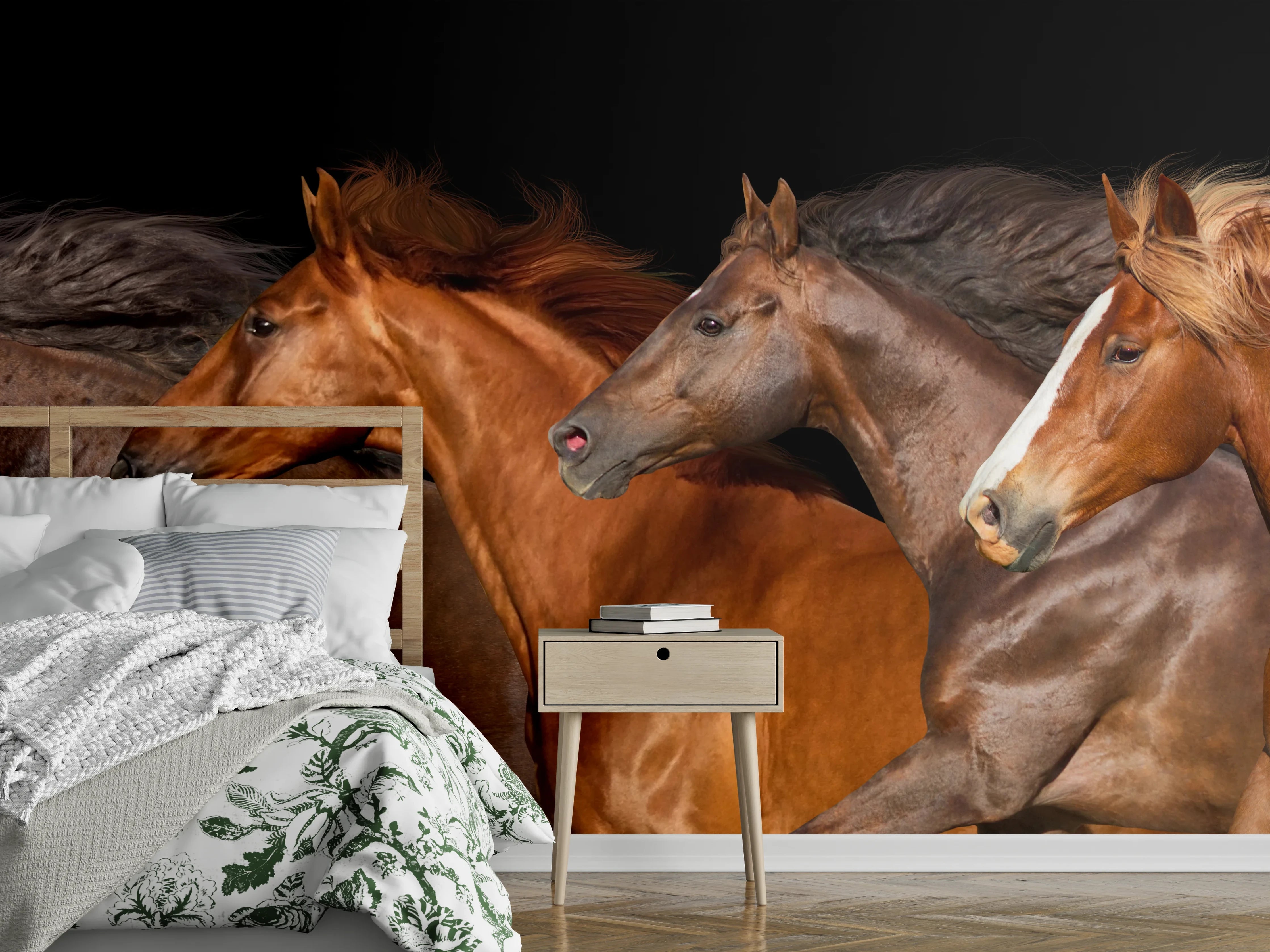 Wandverkleidung Schlafzimmer - Pferdeherde Schwarz Hintergrund