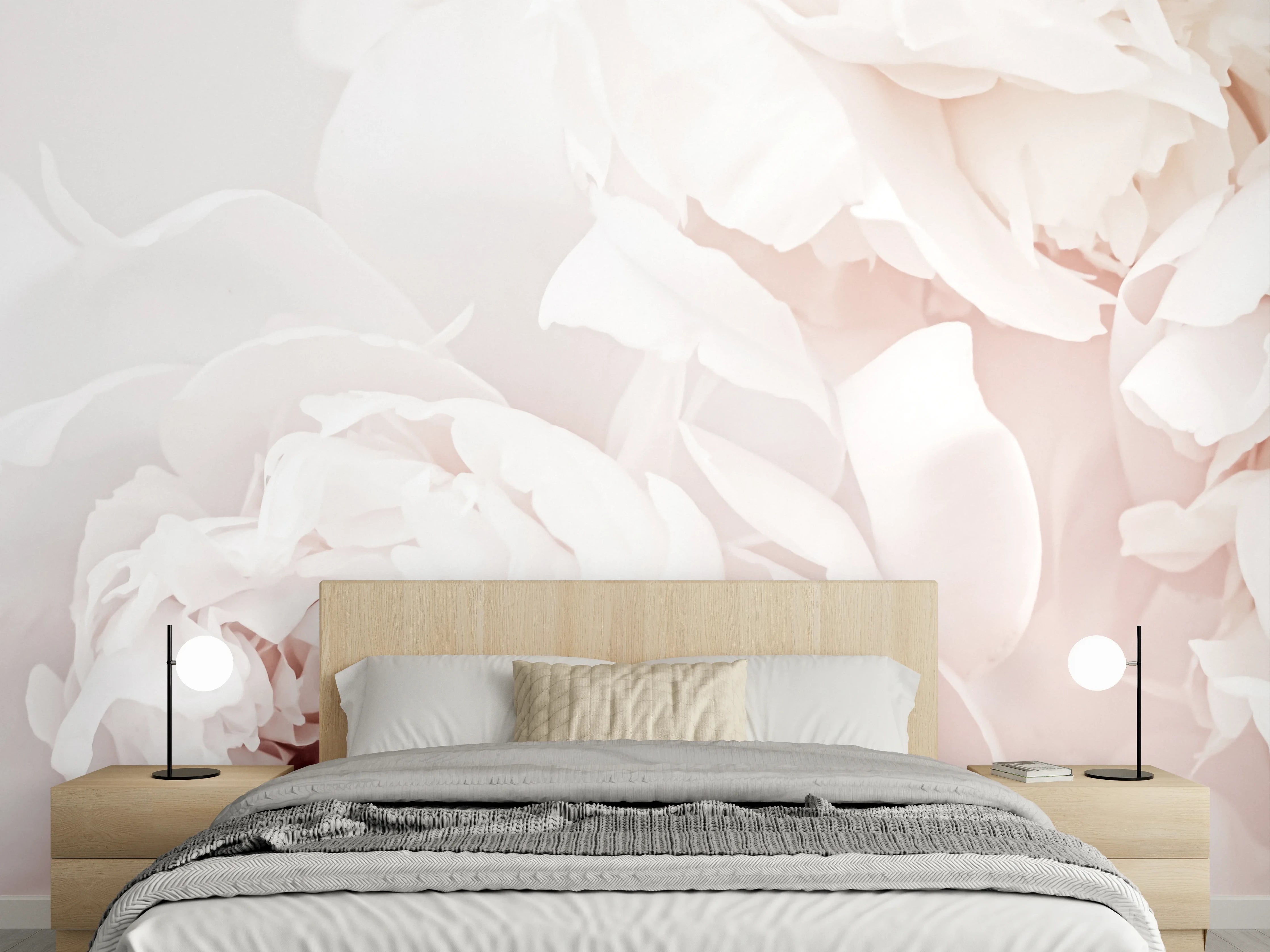 Wandverkleidung Schlafzimmer - Pfingstrosen in Grau und Weiß