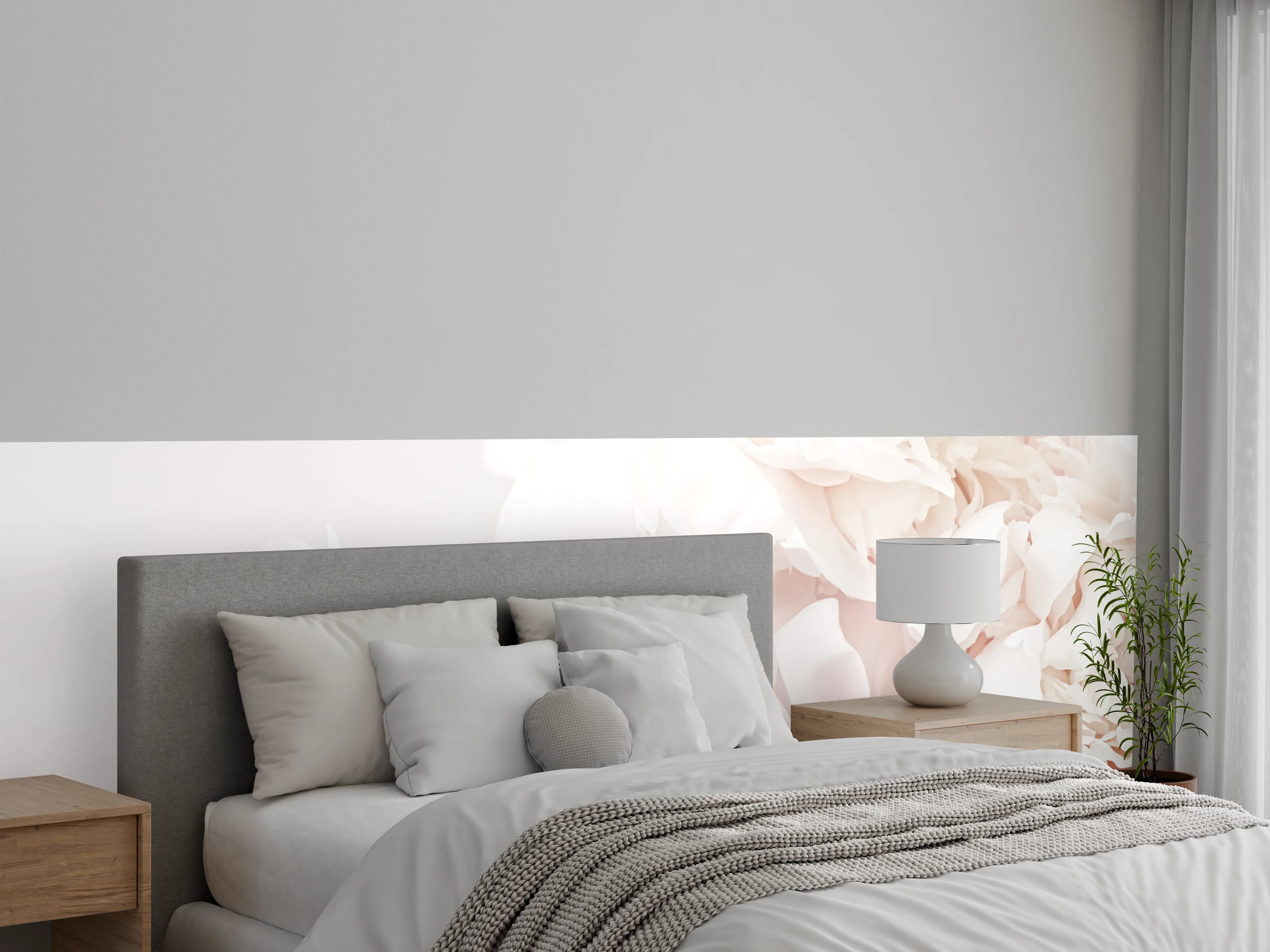 Wandverkleidung Schlafzimmer - Pfingstrosen in Grau und Weiß