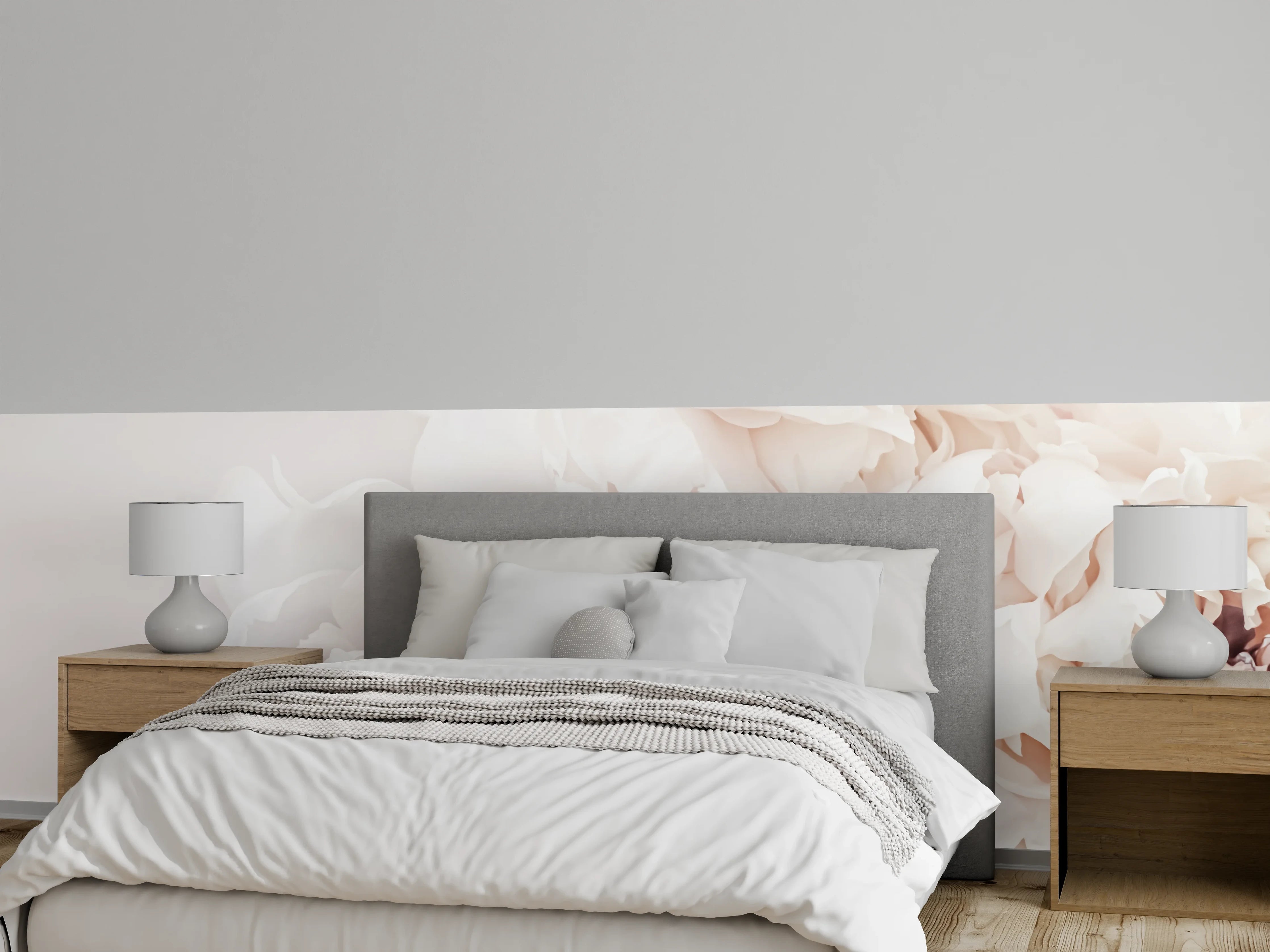 Wandverkleidung Schlafzimmer - Pfingstrosen in Grau und Weiß