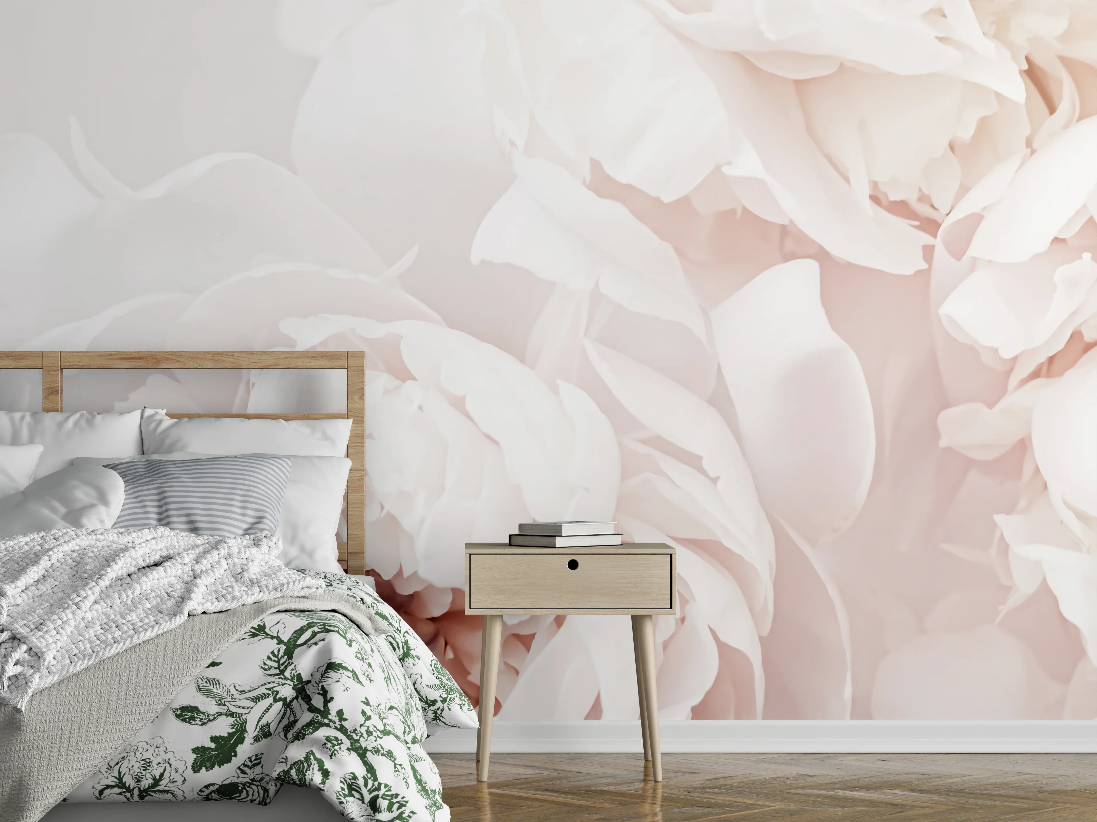 Wandverkleidung Schlafzimmer - Pfingstrosen in Grau und Weiß