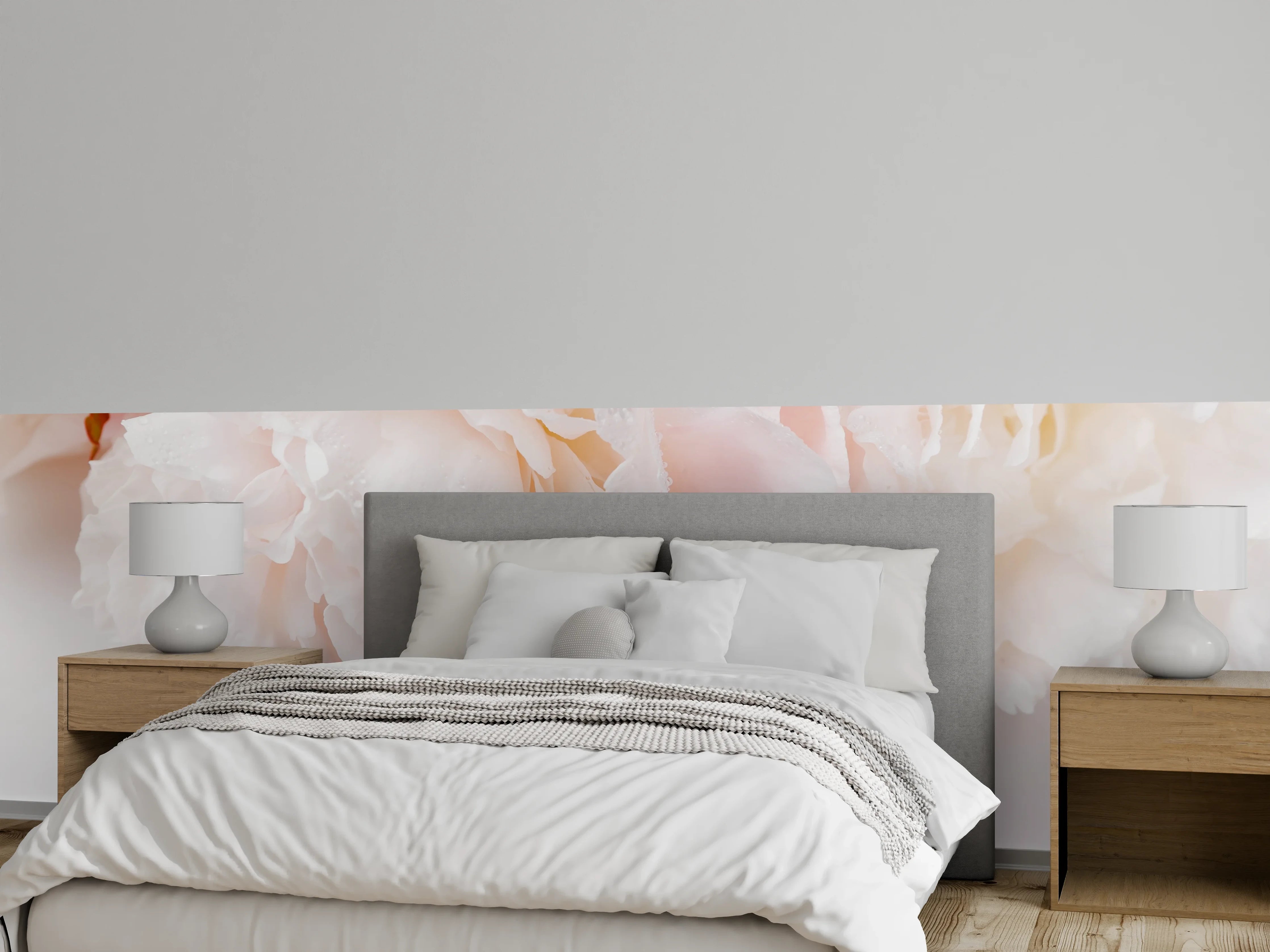 Wandverkleidung Schlafzimmer - Pfingstrosen in sanftem Grauweiß